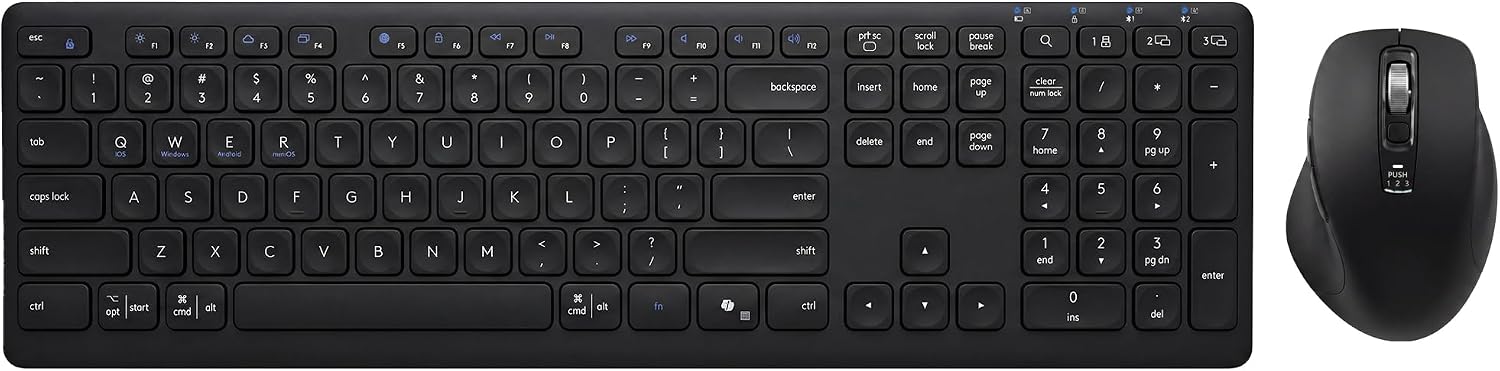Wireless Keyboard and Mouse Combo, Multi-Device, Silent (Black) | Connect 3 Devices Via Bluetooth & Usb, Featuring Quiet Typing, A 4-Way Scroll Mouse, And Long Battery Life