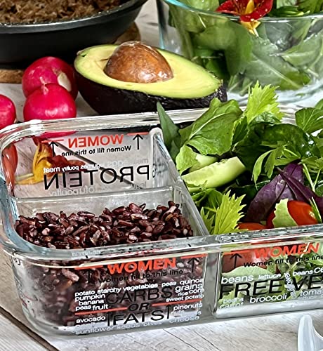 Portion Perfection Portion Control Container - Glass Meal Prep Containers Reusable For Food/Lunchbox 3Pk, Oven-Safe, 3 Compartment With Lids, Practical Weight Control, Clear Instruction Guide #TOP6