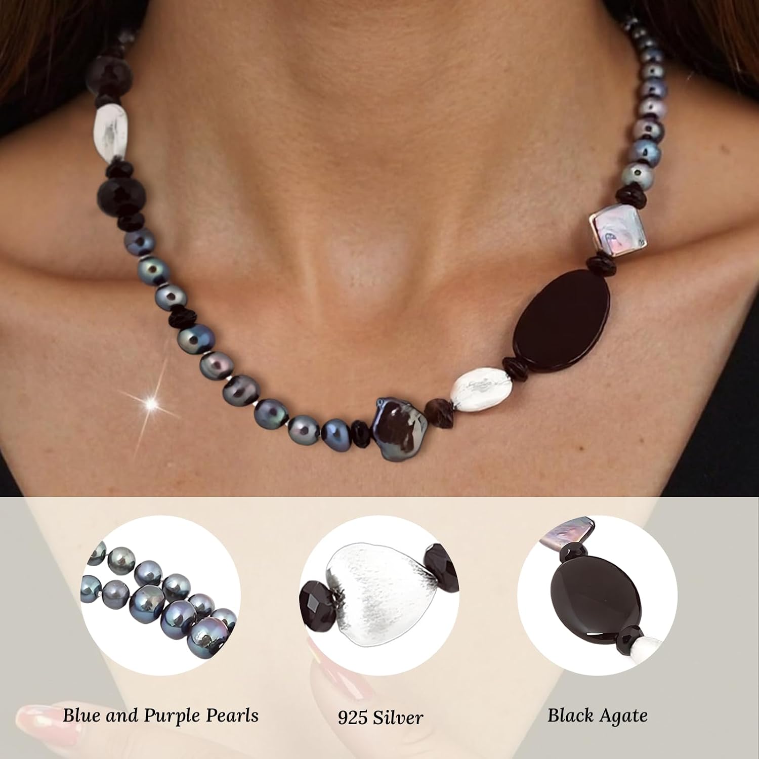 20" Freshwater Pearl Necklace, Handmade with 9-10mm Cream Round Pearls, Agate Turquoise- Gift for Mother, Wife, Anniversary Luxury Jewelry Gift