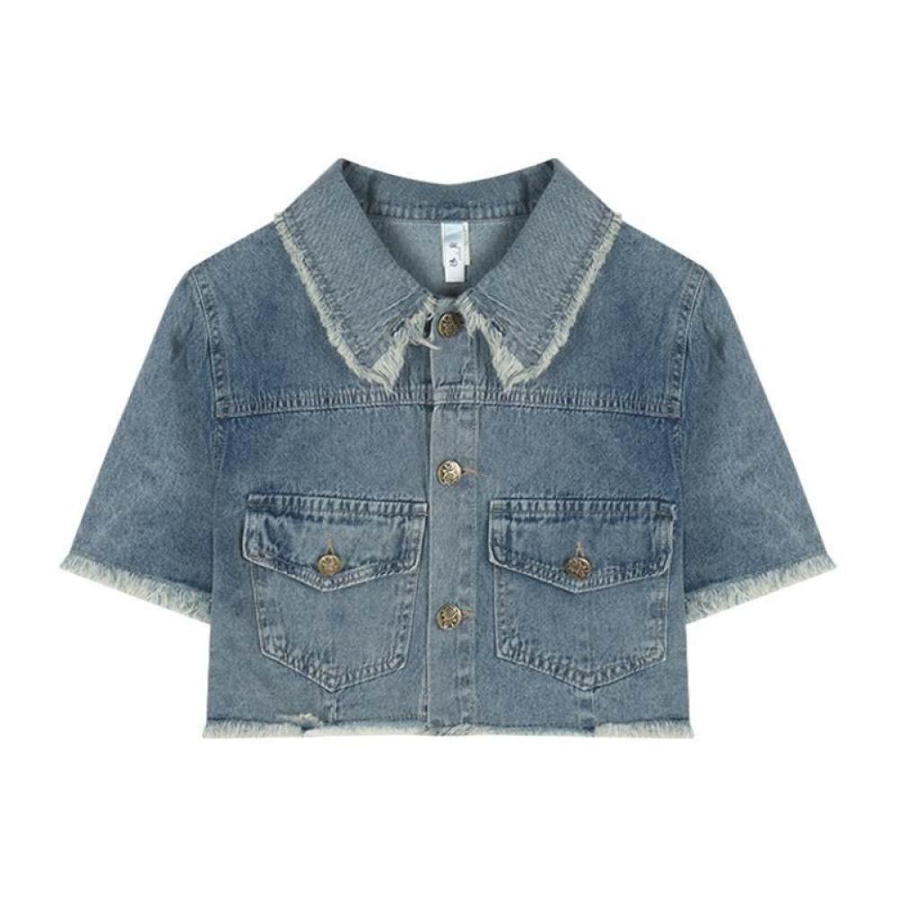 MIDJ Damen-Hemd Mit Knopfleiste,Vintage-Gewaschener Damen-Denim Crop Top Blusenhemd Ausgefranste Lässige Knopfhemdjacke Blaue Reverstaschenblusen Tunika Leichte Jeans Mode-Sweatshirt Für Mädchen