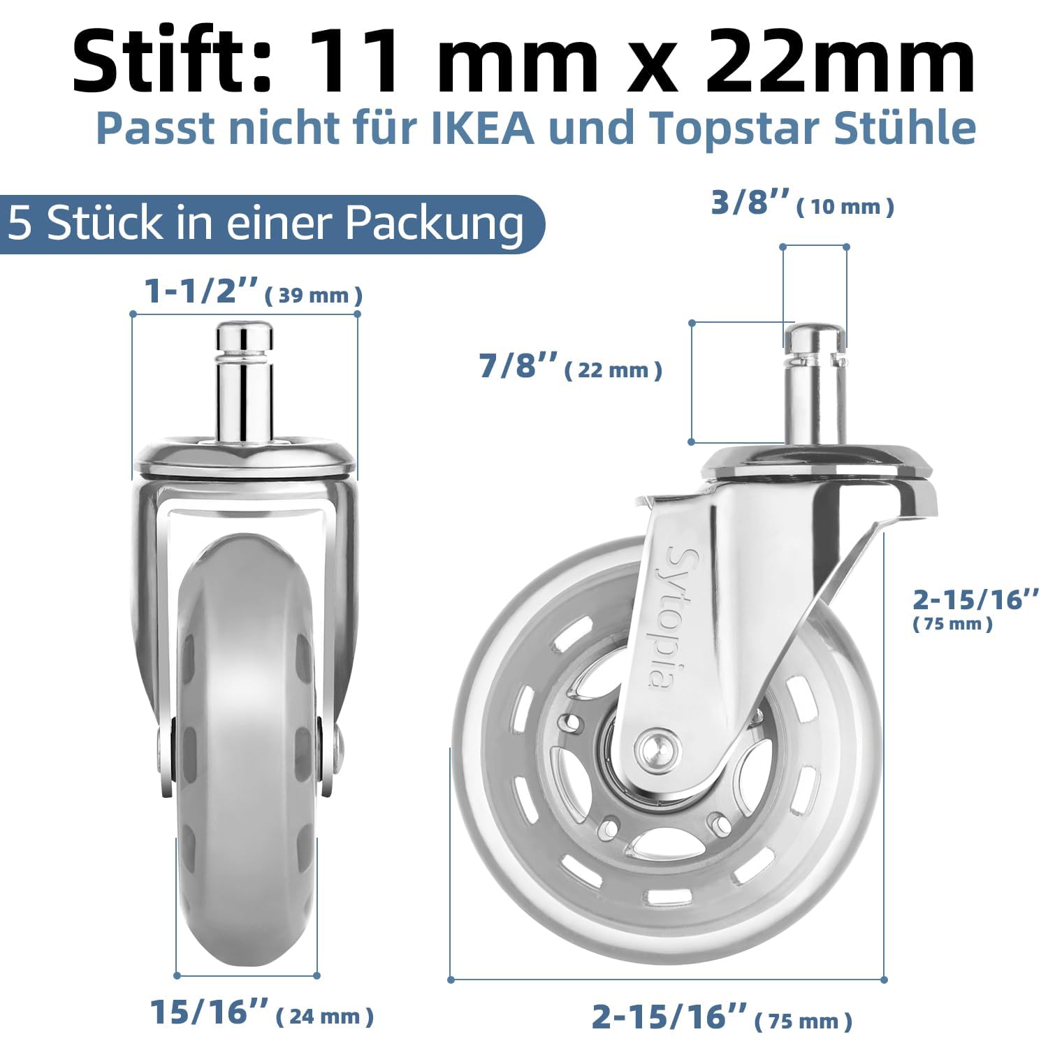 Roulettes De Chaise De Bureau Avec Frein - Lot De 5 - PU Silencieux - Pour Sols Durs - Diamètre 50 Mm - Tige 11x22 Mm