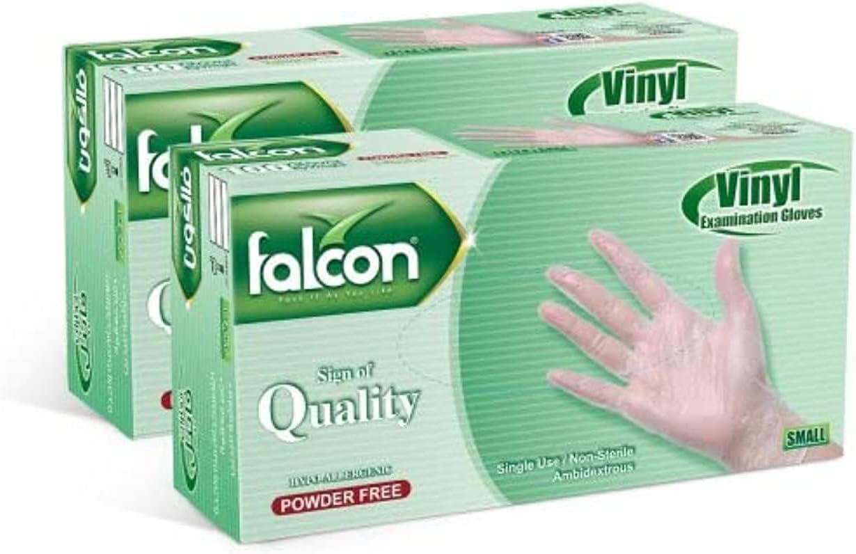 Falcon Vinyl Gloves - Clear Powder Free Small (2 Packs x 100 Pieces)