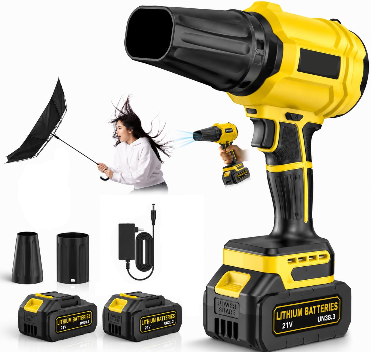 Soplador de Hojas con 2 Batería 4,0Ah, 21V Soplador Batería 800,000 RPM, 65 m/s, Velocidad Regulable, 2 Boquillas y Diseño Ligero para Jardín, Terraza, Patio y Coche (Amarillo)