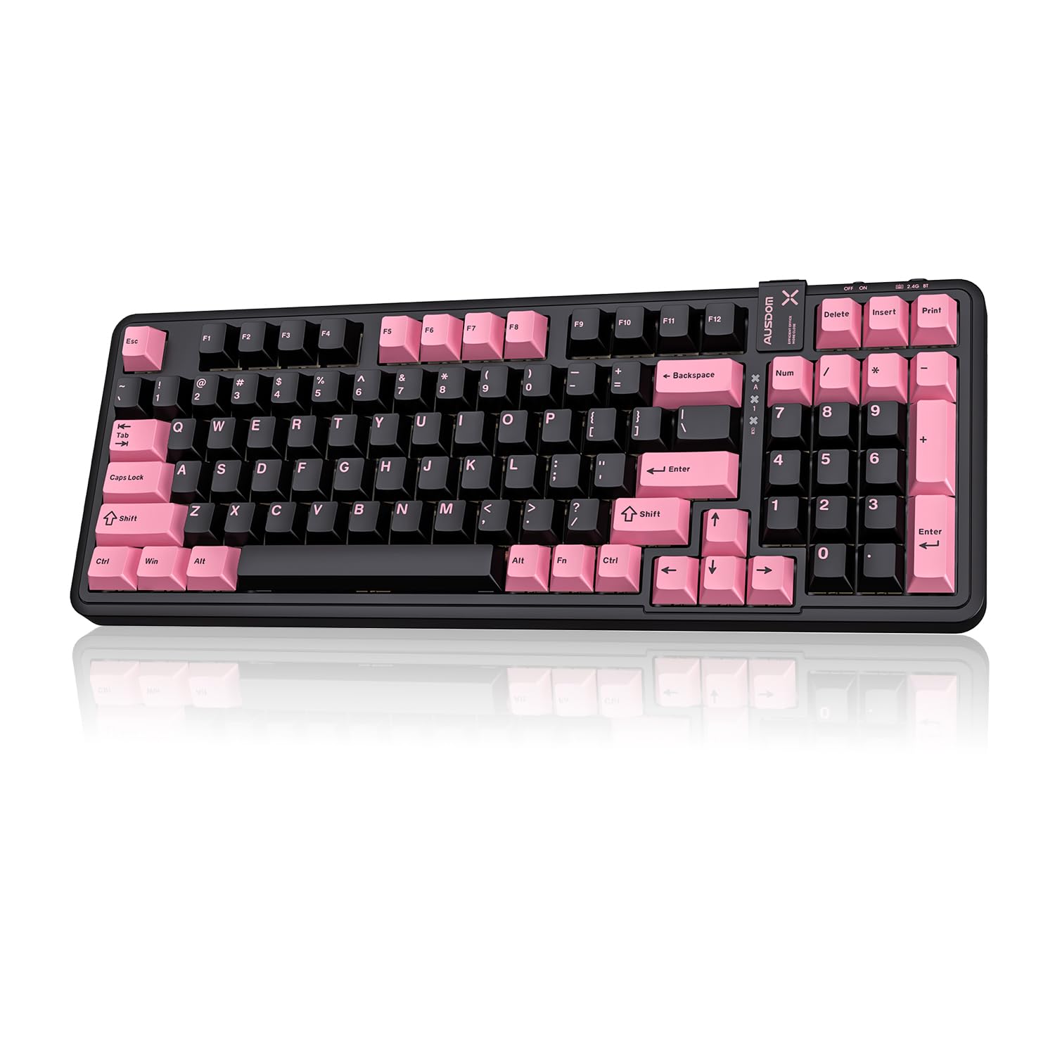 AUSDOM 98Pro Silent Wireless Mechanical Keyboard, Tri-Mode BT/2.4G/USB-C Hot Swappable Custom Quiet Keyboard with Backlit, Gasket Structure, PBT Keycaps,Pre-lubed Tactile Switches(Black & Pink-Silent)