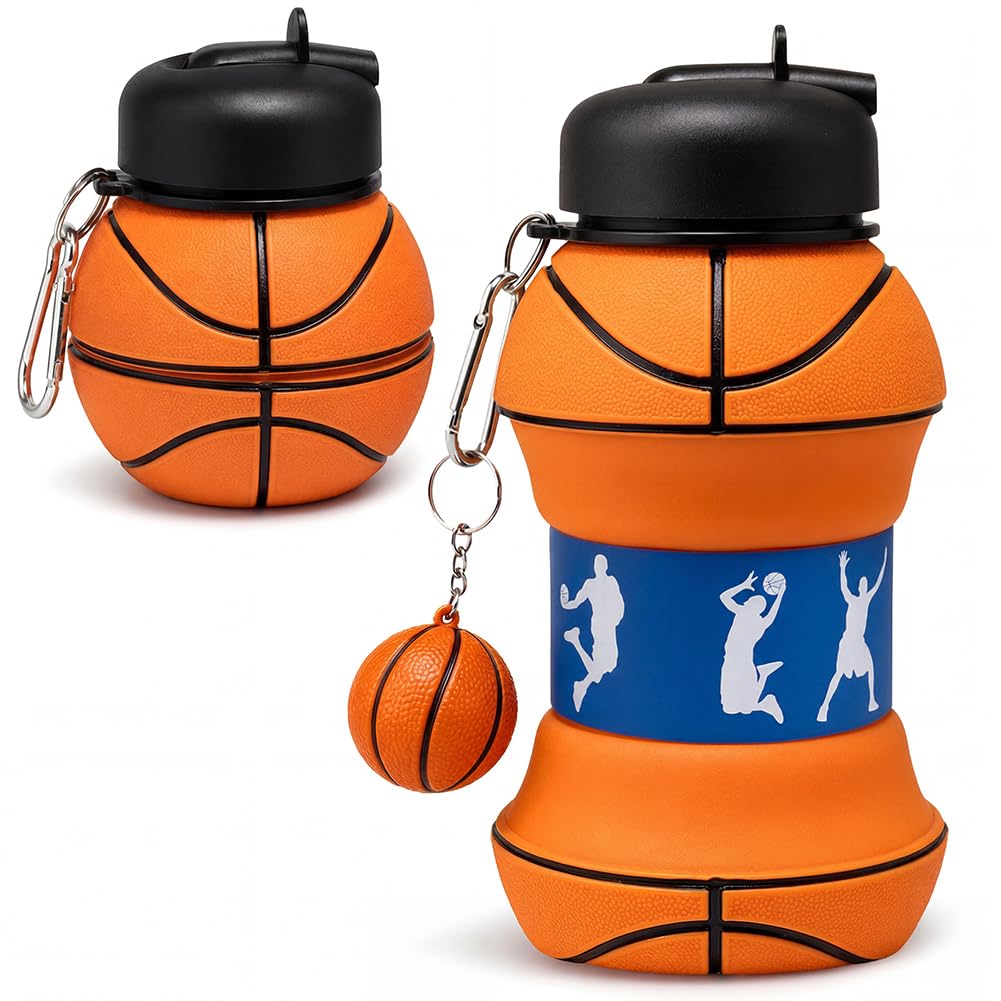 HTGWCG Basketball Collapsible Water Bottle, Collapsible Silicone Kids water bottles for school, 550ml Silicone Bottle with 2pcs Basketballs Shape Keyring, Sports Gifts for Boys and Girls (Basketball)