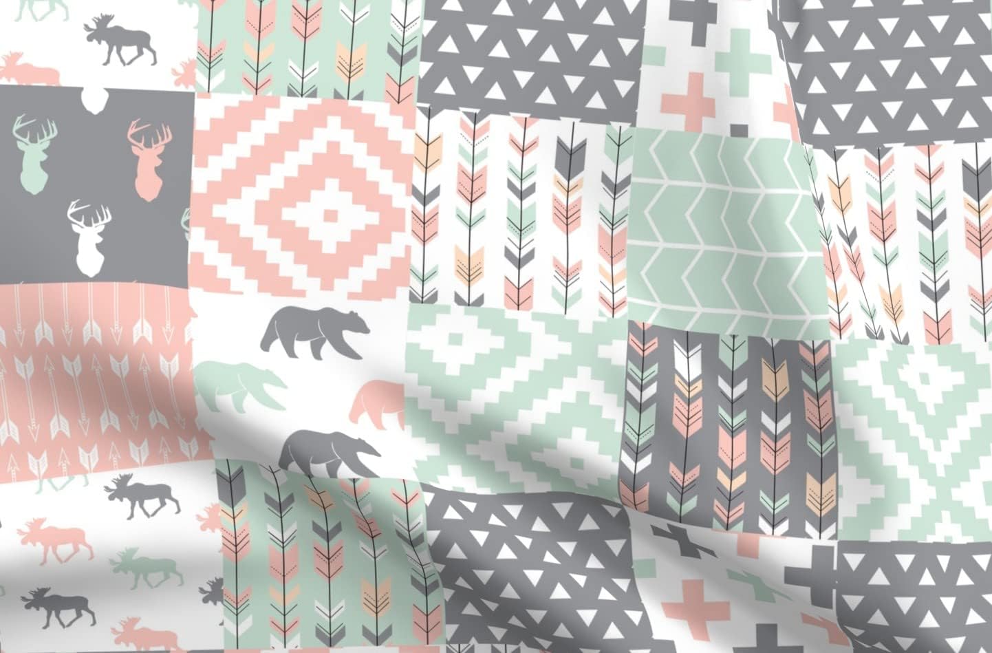 Spoonflower Fabric - Willow Woods Patchwork Quilt Top Pink Gray Mint Woodland Girl Bear Printed on Organic Cotton Sateen Fabric by The Yard - Sewing Quilting Apparel Home Decor