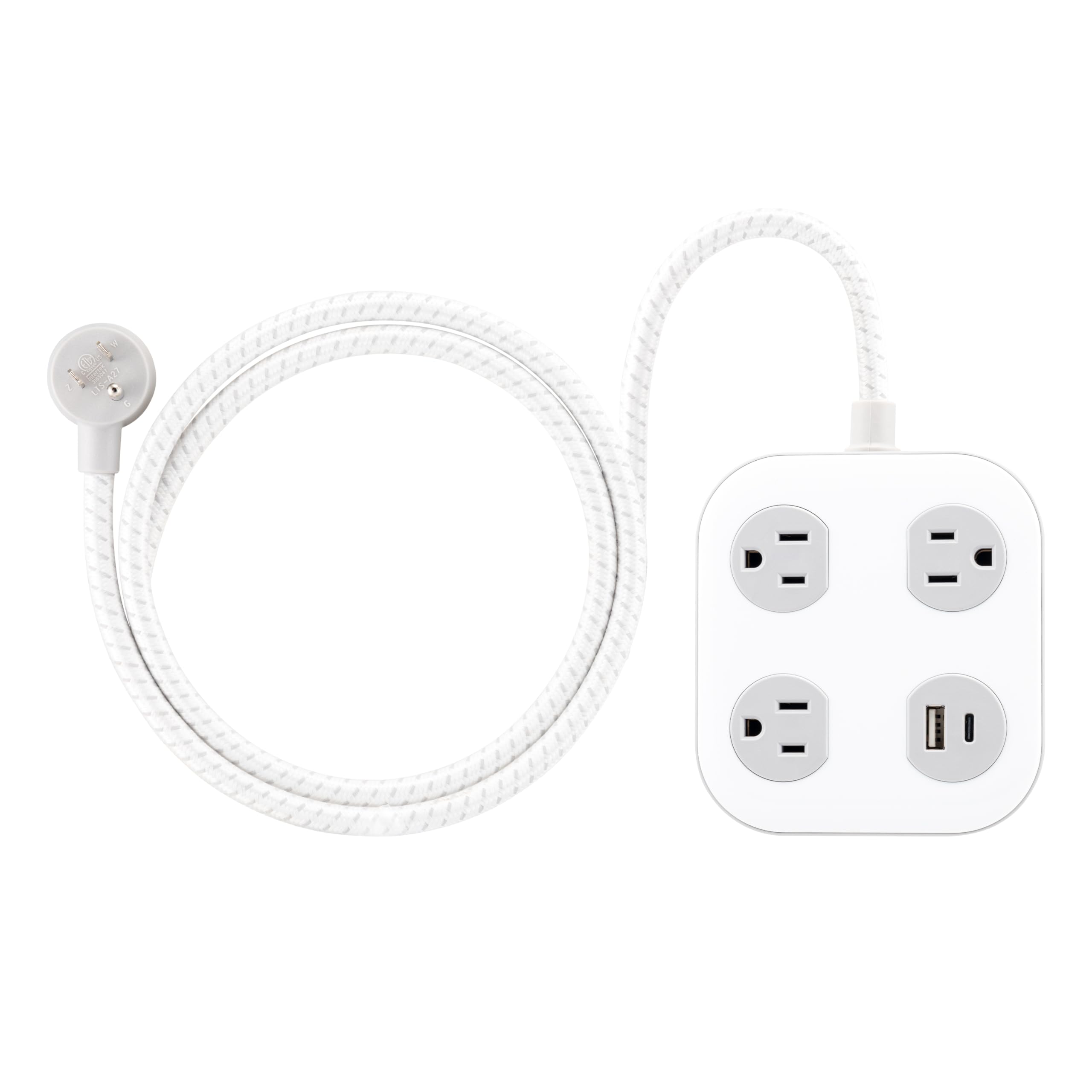 GE UltraPro 3-Outlet Surge Protector with 4ft Braided Cord, Power Strip, Extension Cord, Flat Plug, 1 USB-A & 1 USB-C Port, 245 Joules, for Home School & Office, Charging Station, White – 81786