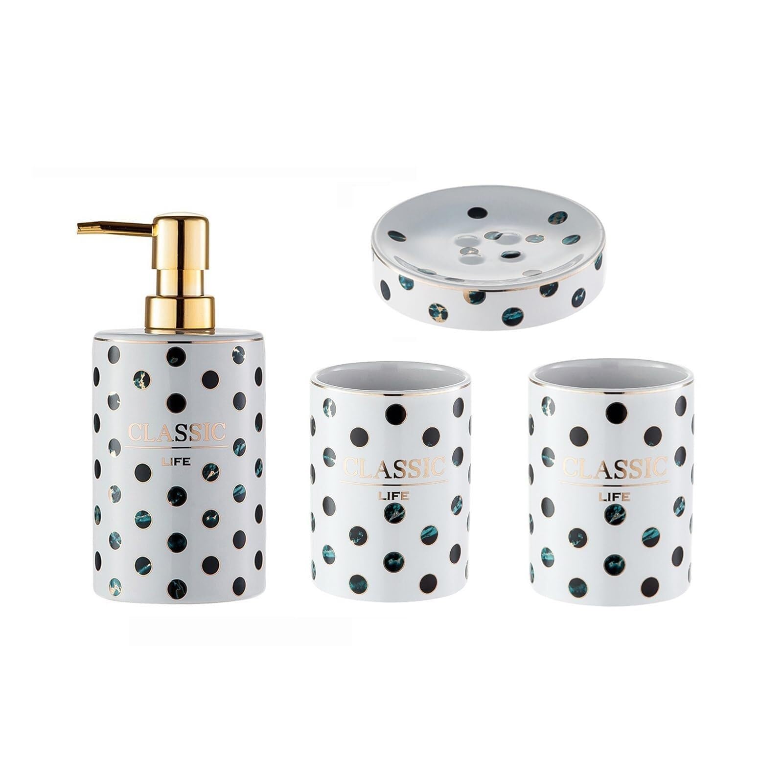 Set di accessori per il bagno Set da bagno in ceramica verde, 4 pezzi, dispenser di sapone con piattino e 2 bicchieri for spazzolini Arredamento per gli affittuari(Bathroom Set)