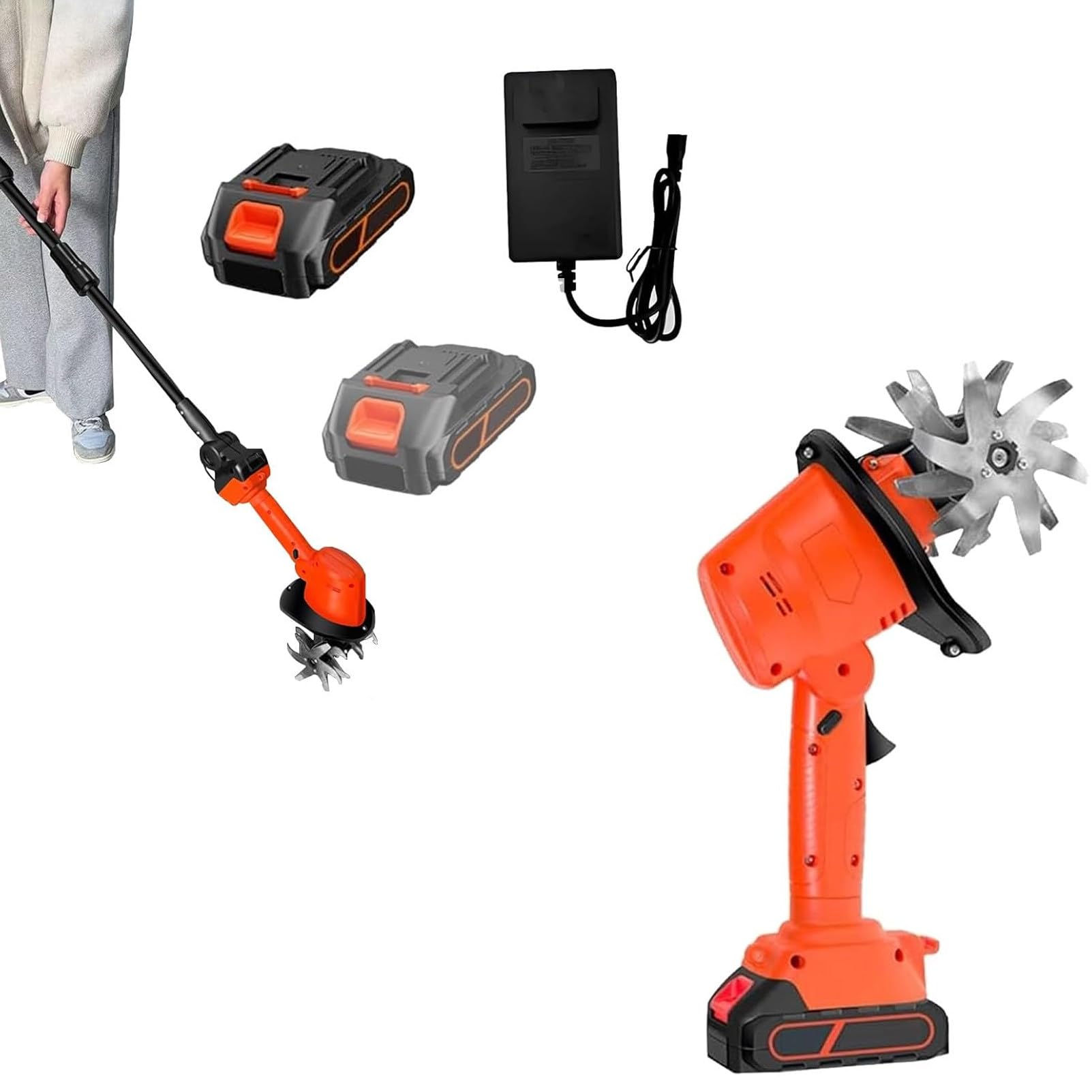 Pnpaea Electric Garden Rotavator,21V Cordless Mini Tiller Cultivator,Handheld Soil Cultivator,235RPM with 4 Rows of Tines, 2x1.5Ah Batteries,10Cm Tilling Width,for Lawn,Soil Cultivation Orange-red-