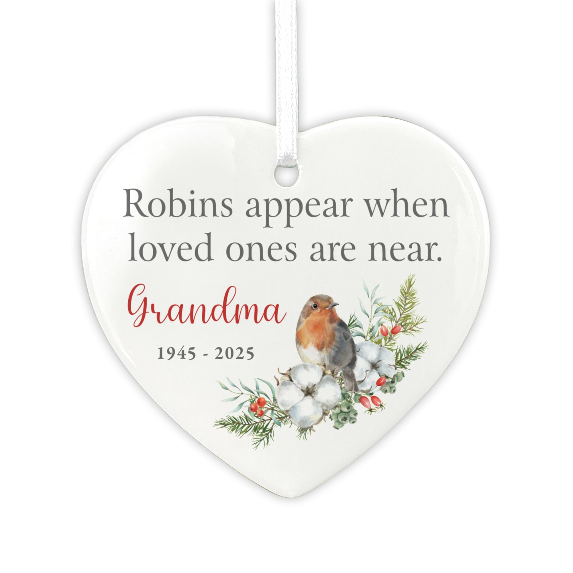 The Lovely Keepsake Company Robins Appear Heart Personalised "Robins Appear" Ceramic Heart | Custom Name & Dates | Christmas Tree Bauble Gift For Remembrance, Sympathy & Bereavement Keepsake | W 7.4Cm X H 7.4Cm