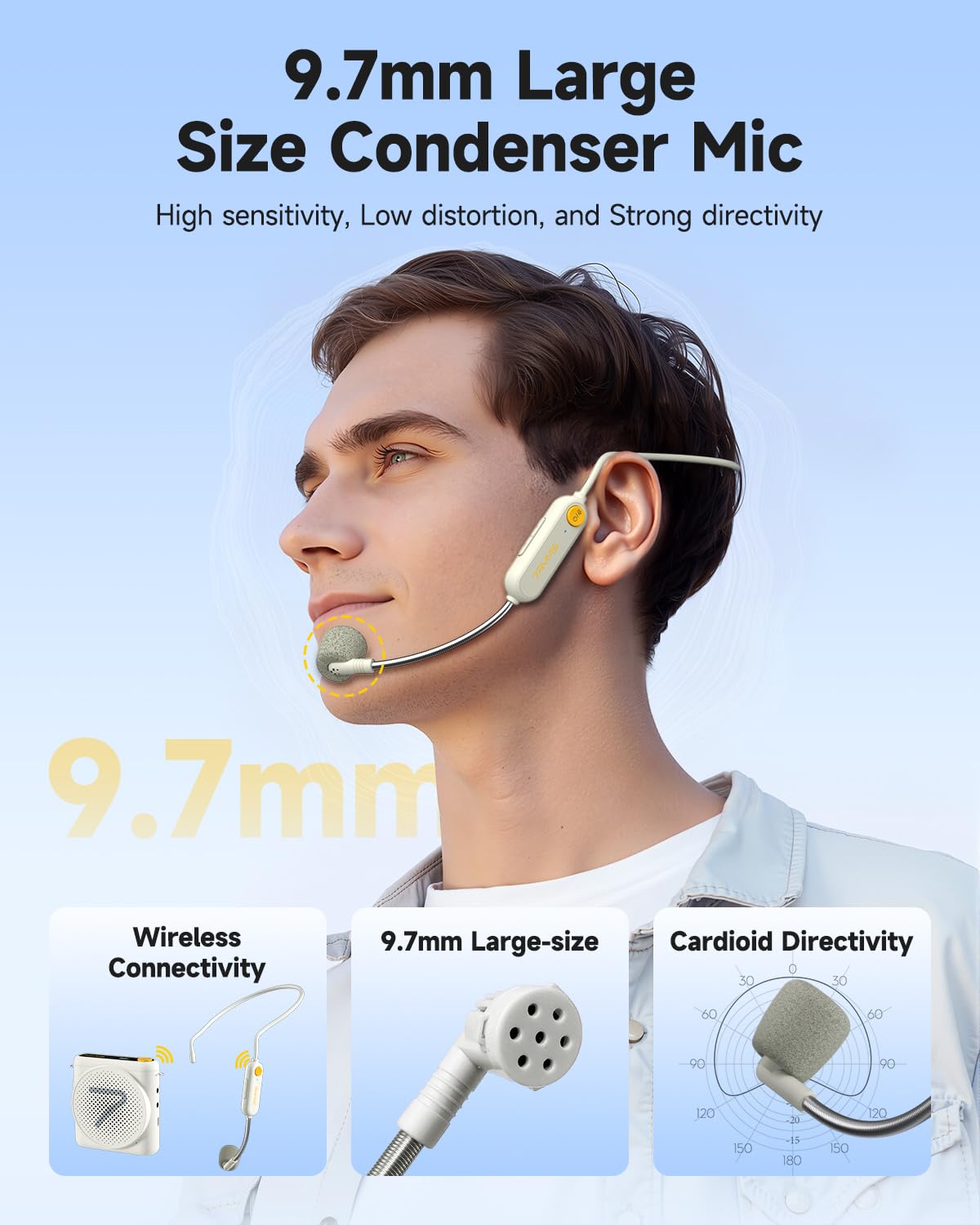 7RYMS WA1 Sprachverstärker mit kabellosem Headset-Mikrofon für Lehrer, tragbarer Lautsprecher, Megafon mit Geräuschunterdrückung, 50 m Reichweite, 23 Stunden Betrieb, Mikrofon-Lautsprecher für