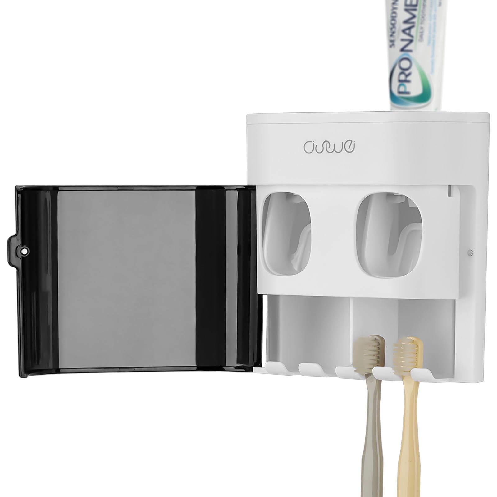 Linkidea Toothbrush Holder with 2 Toothpaste Squeezer, 4 Slot Plastic Brush Hanger for Shower Bathroom, Wall Mount Dispenser Compatible with Oral-B CrossAction, Colgate Extra Clean