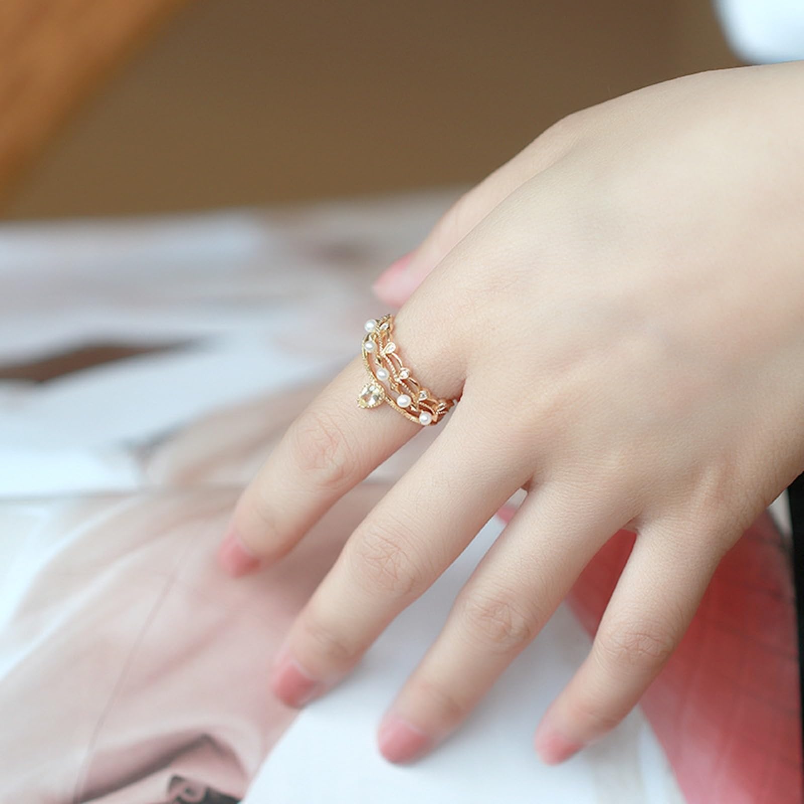 Verlobungsring Gold, Damen Vintage Trauring 3-teiliges Set mit Kristall und Perle, Moissanit aus Gelbgold
