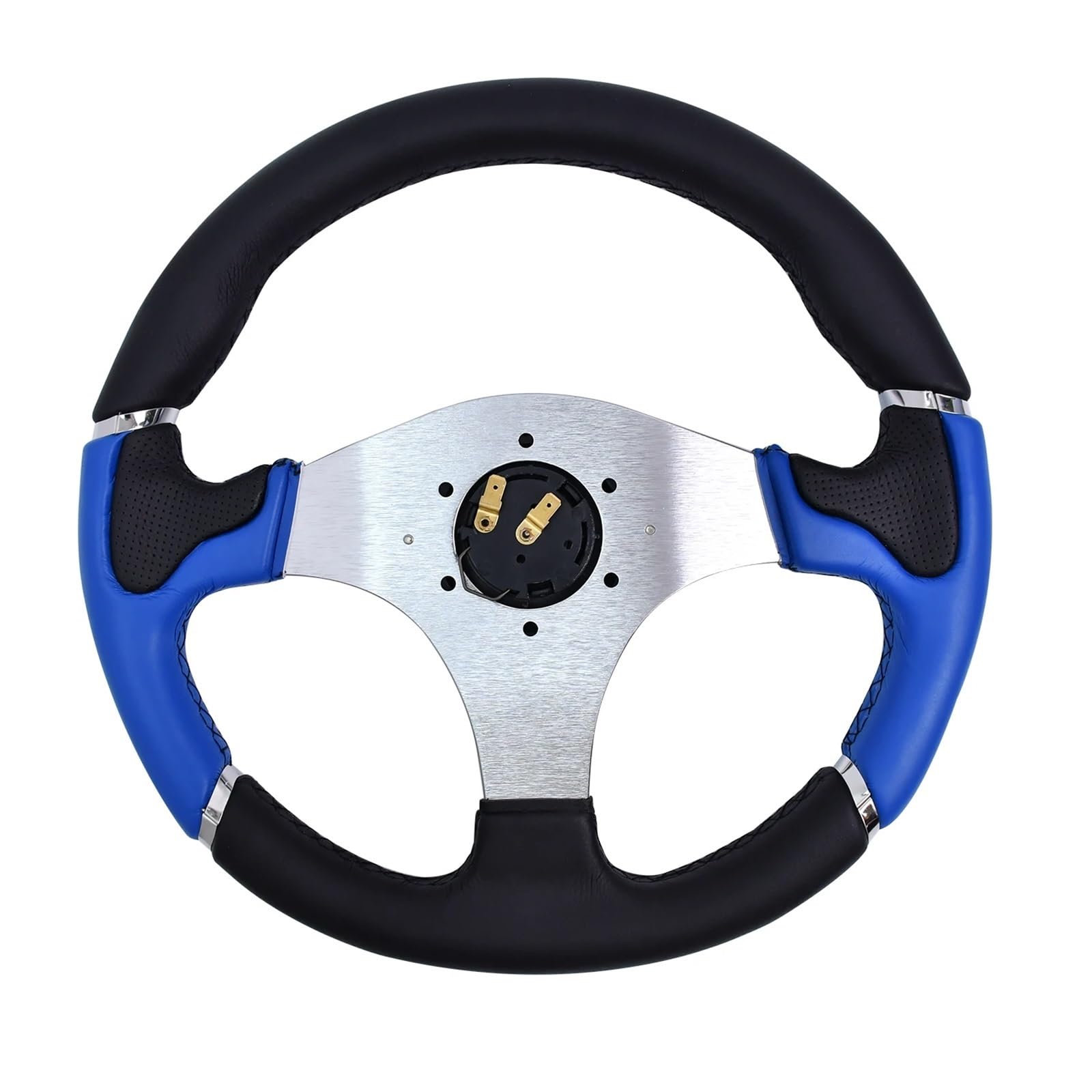 Volante da corsa classico in pelle blu da 350 mm, staffa argentata, misura universale per auto sportive, drift e uso su strada, impugnatura antiscivolo e design elegante
