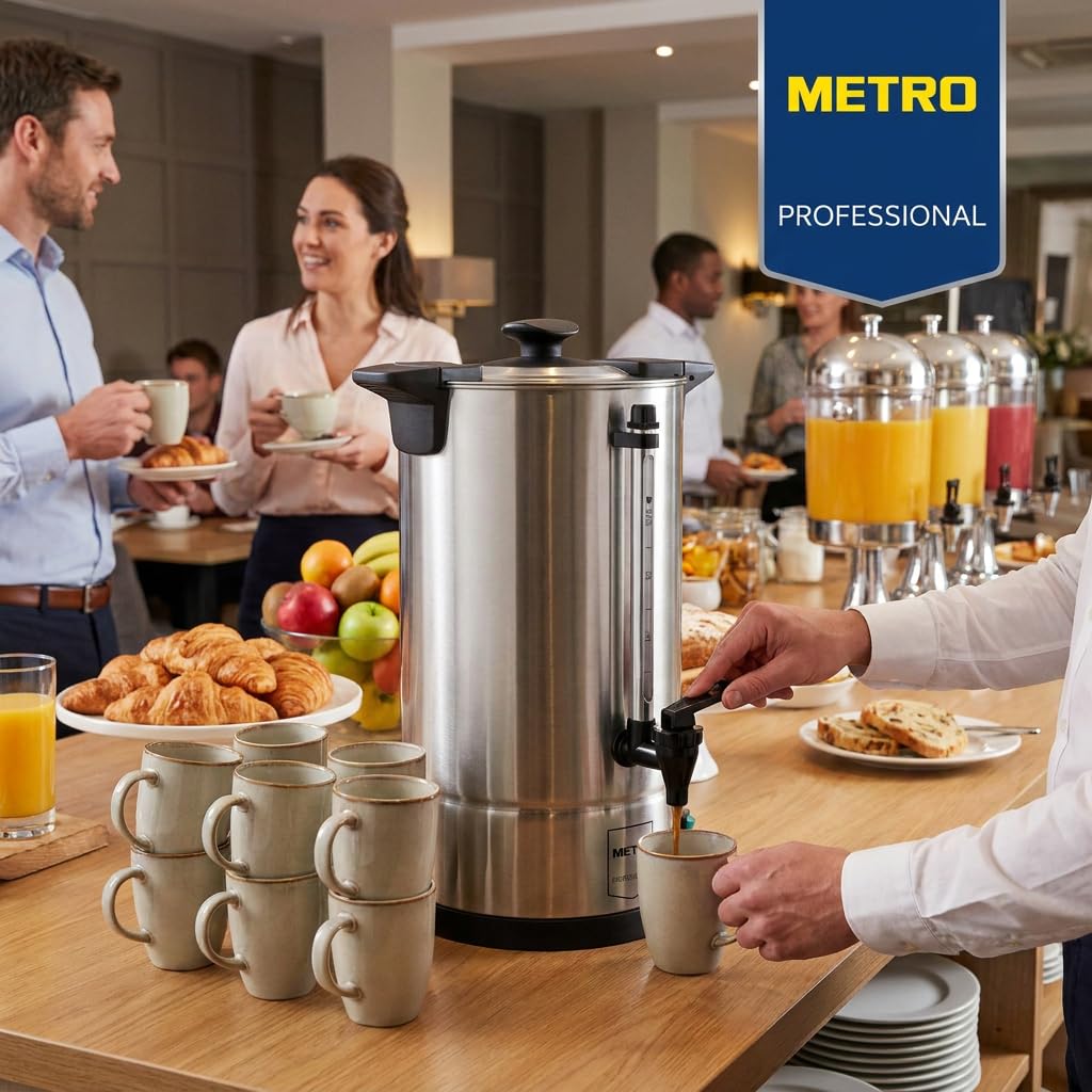 METRO Professional Kaffeemaschine GCM4015, 15 Liter, 100 Tassen, 1650 W, mit Filter, Warmhaltefunktion, Überhitzungsschutz, Füllstandsanzeige, Kühle Außenwand, Deckelverschluss, silber