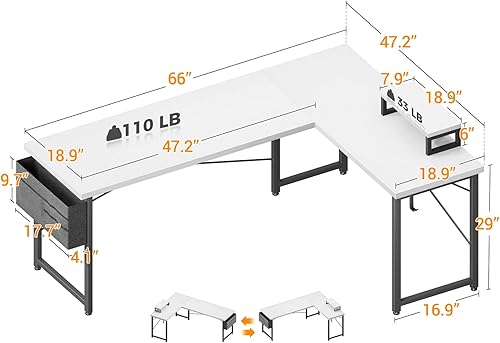 Miniatura 3 de ODK Escritorio en forma de L, escritorio esquinero para computadora de 59 pulgadas, escritorio de juegos, escritorio de oficina en casa con soporte