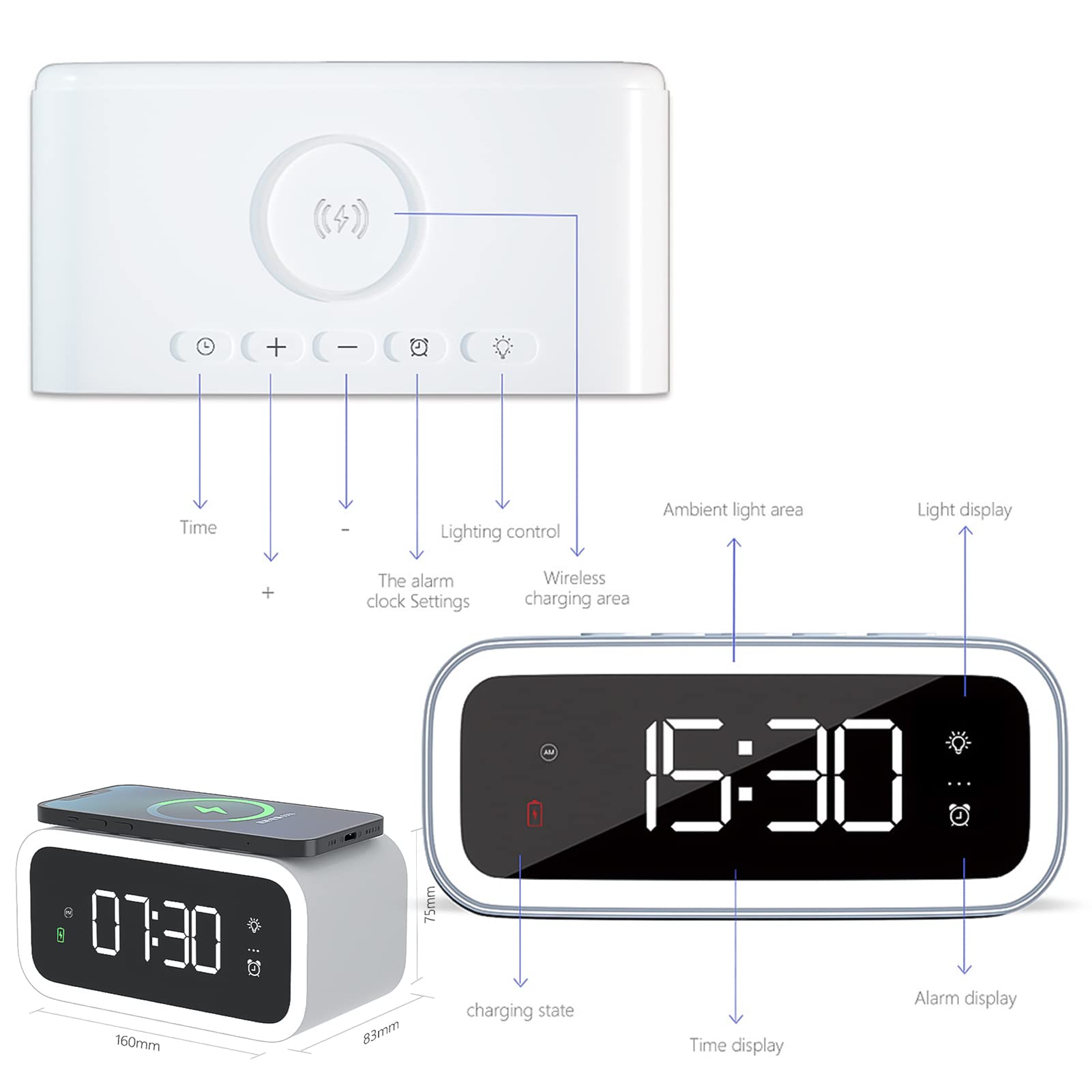Sveglia con Ricarica Wireless, Orologio elettronico a LED Orologio da Specchio da Tavolo con Sveglia Multifunzionale con Luce Notturna