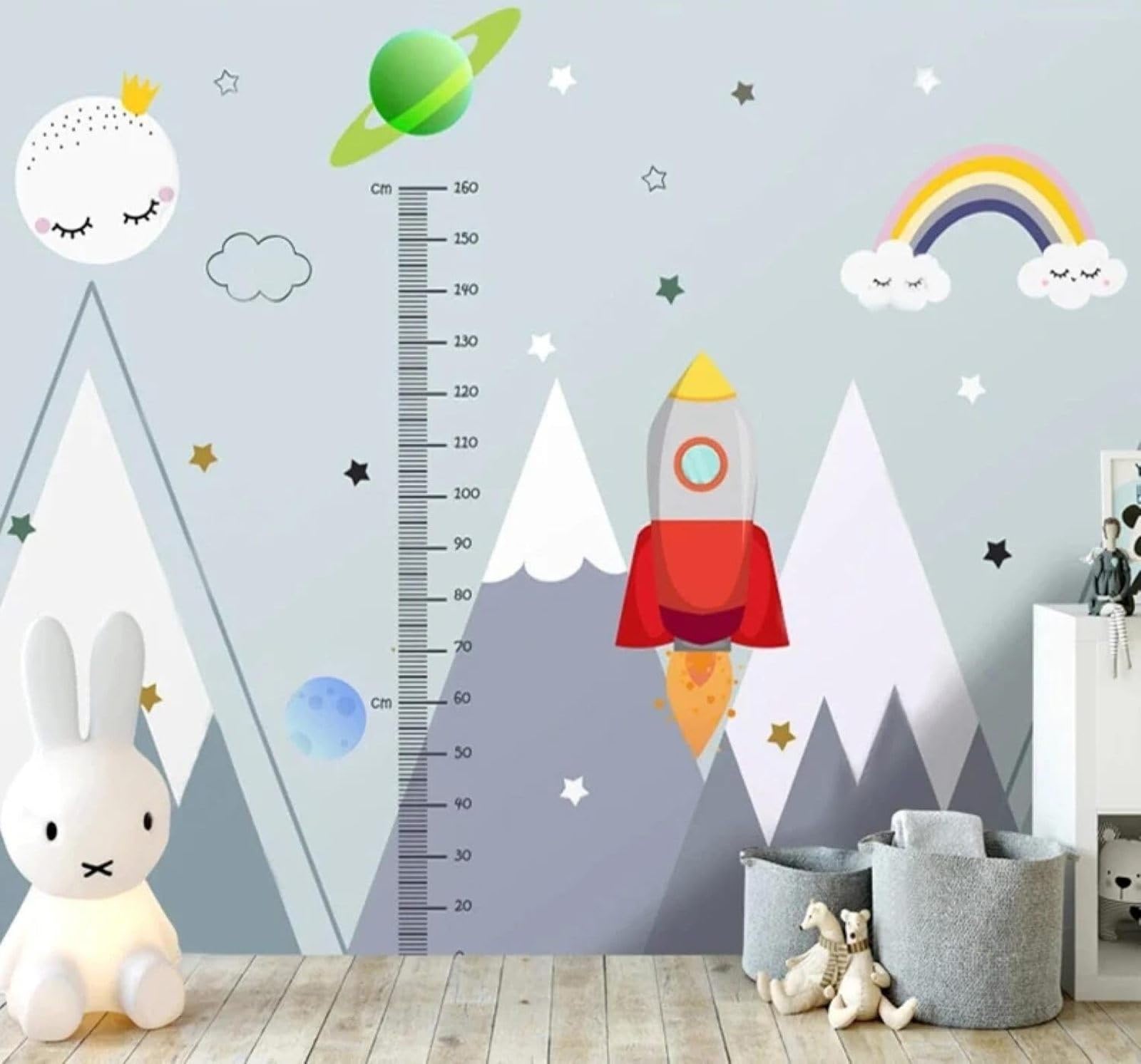 XLMING Hand Drawn Cartoon Rocket Space Rainbow 3D Wallpaper Silky Texture Home Study Office Grey Dining Room Sofa Bedroom Living Room TV Backdrop-350cm×256cm