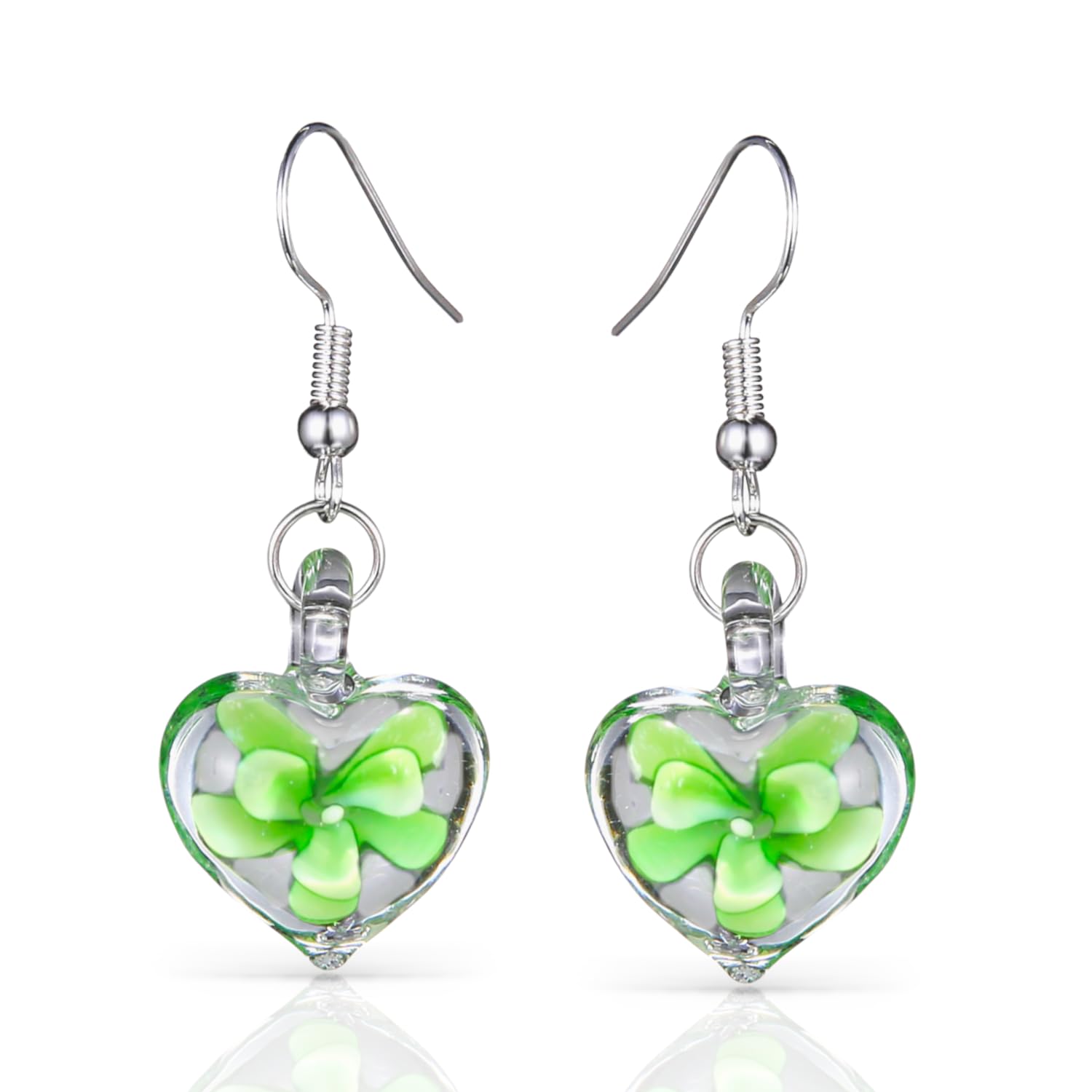 Murano Inspired Glass Hearts and Flowers Hypoallergenic Earrings with stainless steel French ear hooks