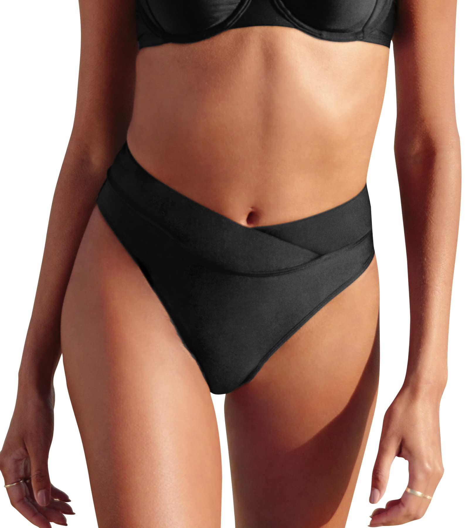 CUPSHEWomen's Bikini Swimsuit Black High Waisted High Cut Cheeky Bikini Bottom