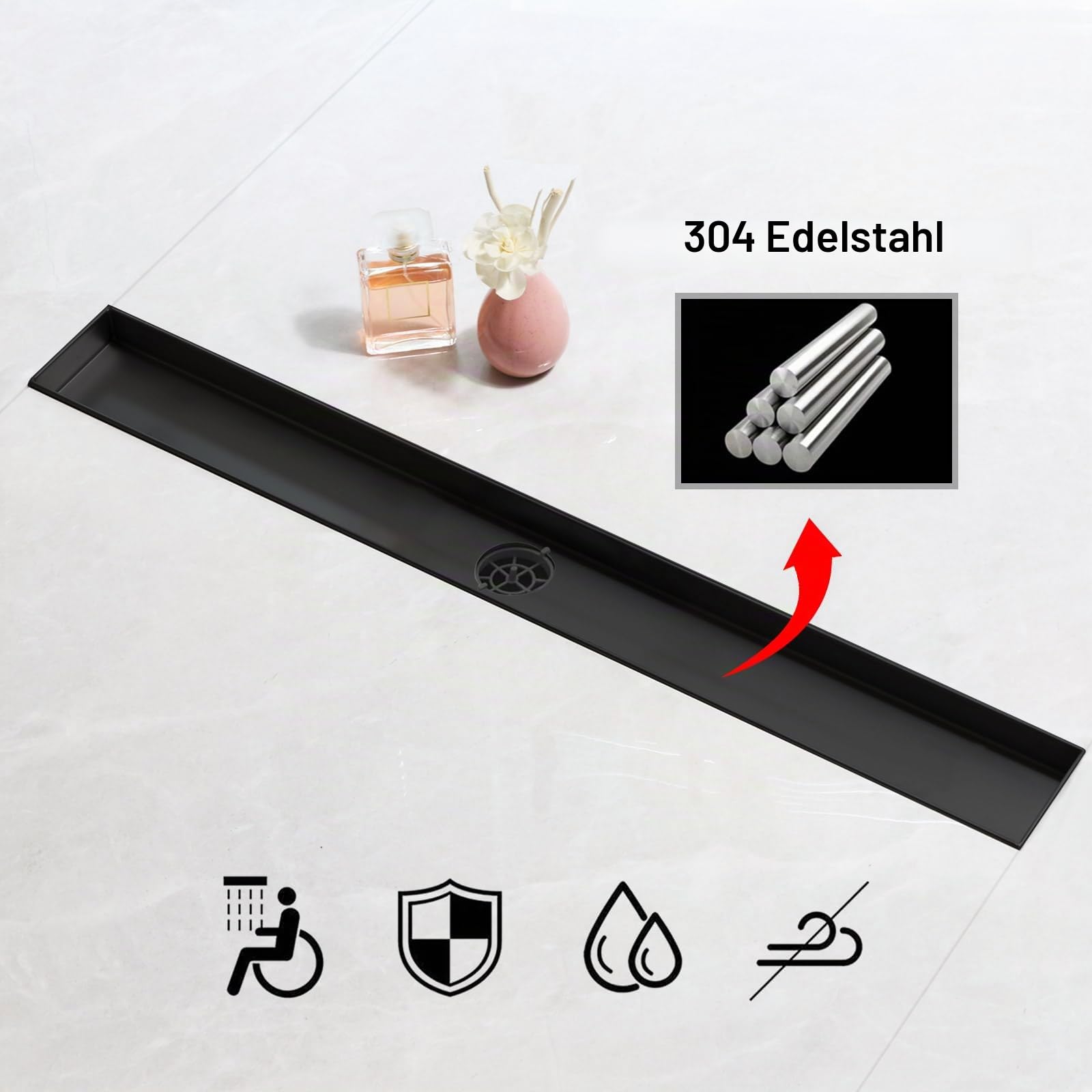 SaniteModar Duschrinne 100cm, Schwarz | Befliesbar Edelstahl Duschrinne mit 360° Siphon Geruchsstop und Haarfilter, Duschablauf Komplettset