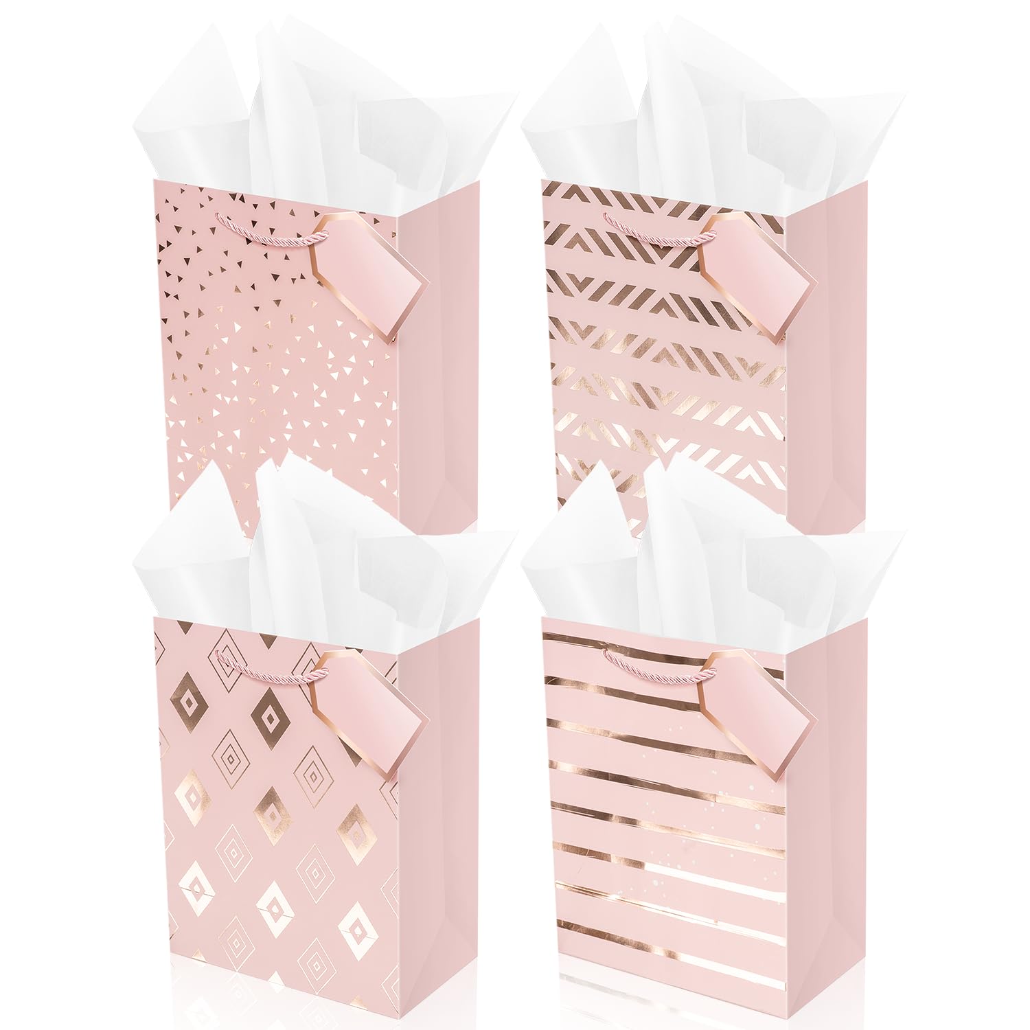Lyforpyton 9 Inch 4Pcs Pink Medium Gift Bag with Tissue Paper, Suitable for Birthday Parties, Weddings, Baby Shower, Mothers Day and Other Occasion