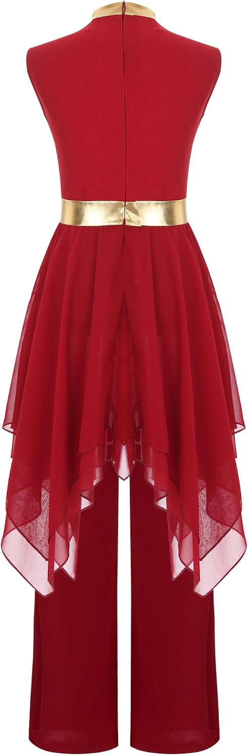 Jugaoge Metallic Praise Dance Dress With Pants Outfits For Girls Sleeveless A-line High Low Dress Burgundy 16 Years