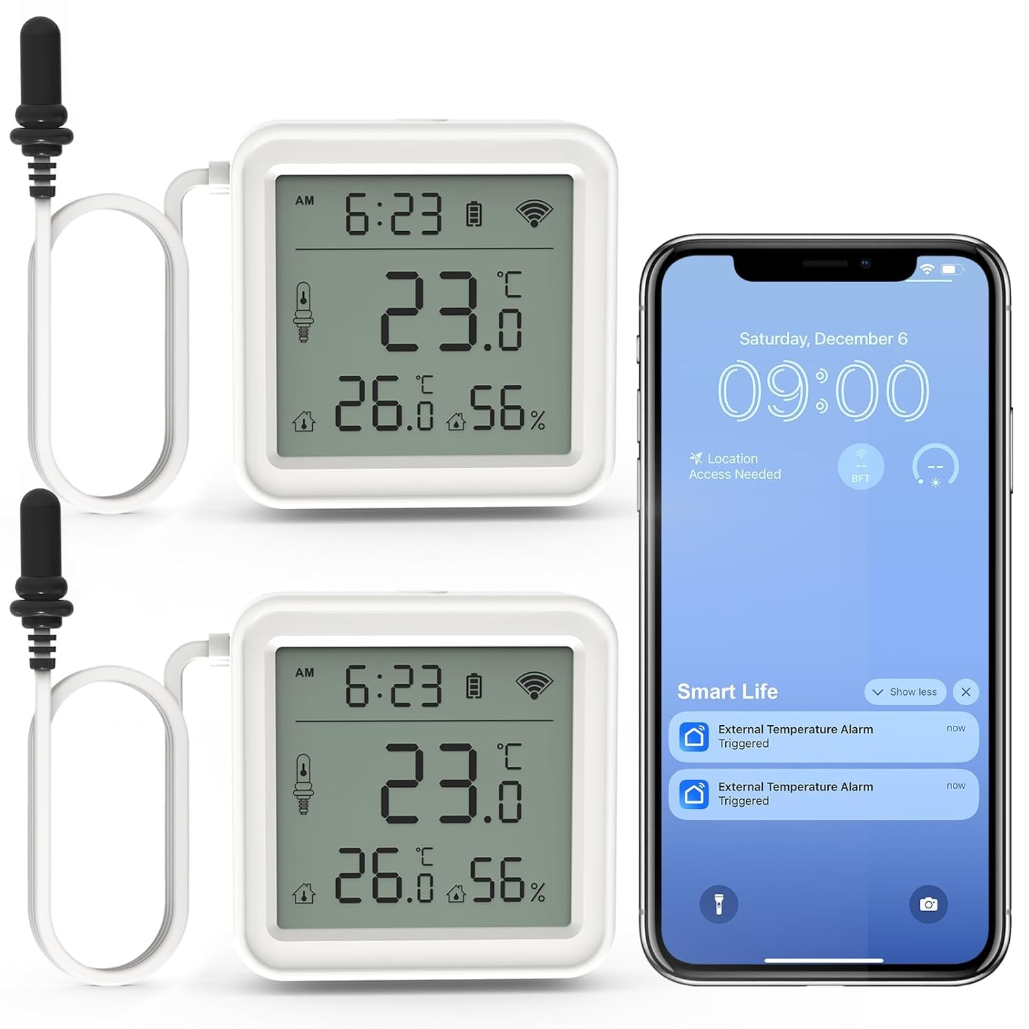 DAYTECH Termometro e igrometro WiFi intelligente per congelatore, allarme con temperatura ambiente e igrometro, avvisi app e display digitale, per casa/ristorante/ufficio, nessun hub richiesto, 2