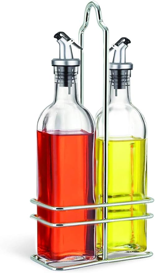 CUISINOX Oil and Vinegar Cruet Set with Wire Caddy – Two 6 oz Glass Bottles with Swivel Capped Spouts for Olive and Avocado Oils – Kitchen and Dining Dispenser Set