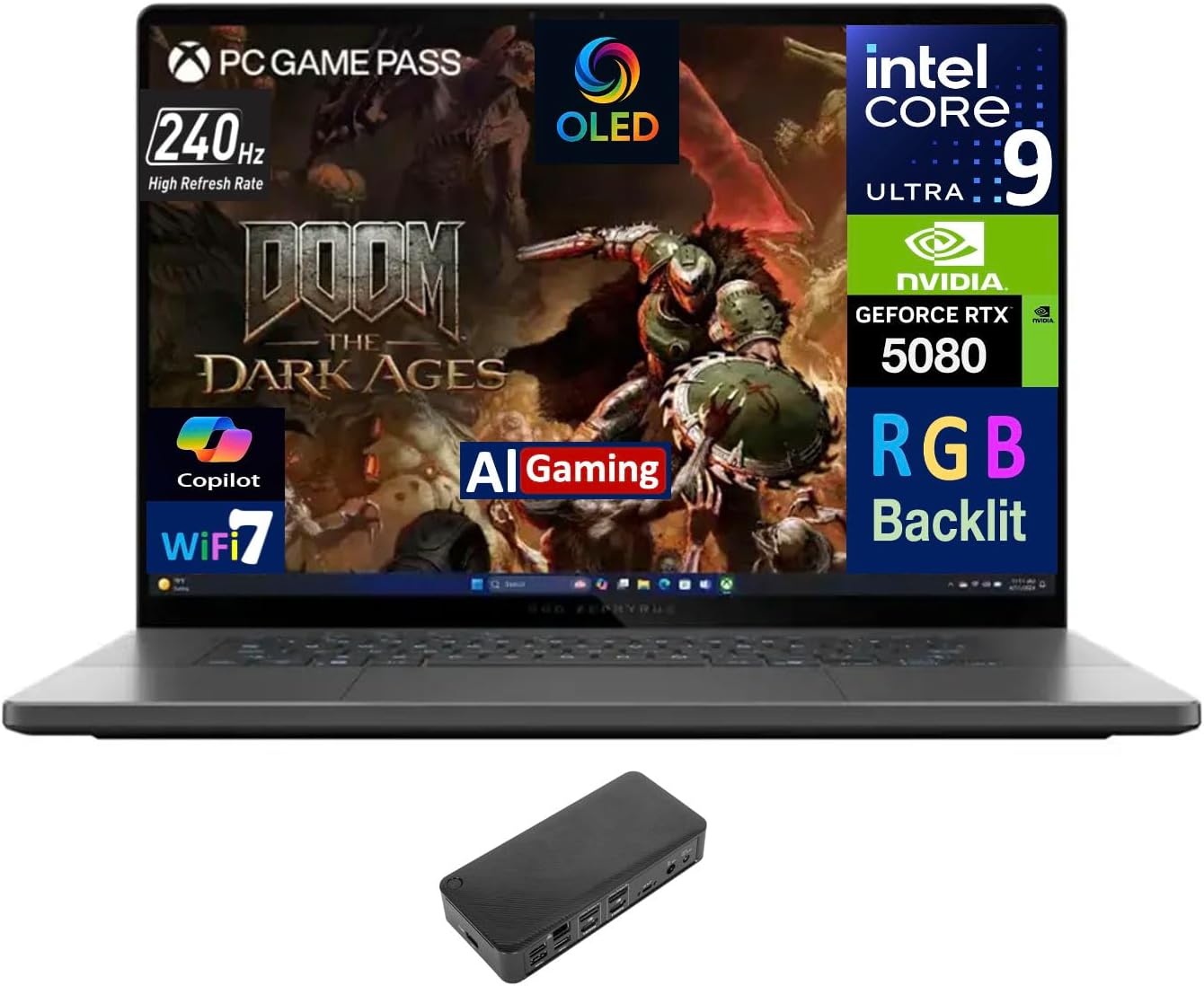 ASUS ROG Zephyrus AI Gaming Laptop 16.0″ 240Hz OLED WQXGA Display (Intel Ultra 9-285H, GeForce RTX 5080 16GB, 32GB LPDDR5X, 2TB SSD, RGB KB, Thunderbolt 4, WiFi 7, Win 11 Home) w/USB-C Dock
