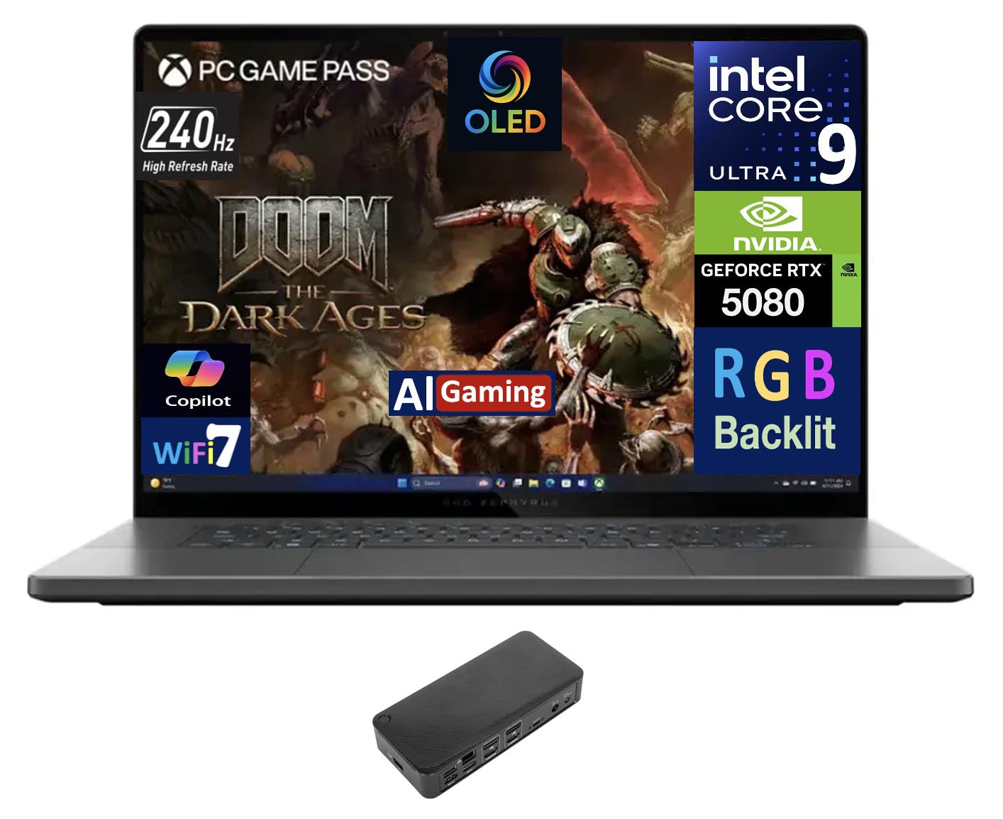 ASUS ROG Zephyrus AI Gaming Laptop 16.0" 240Hz OLED WQXGA Display (Intel Ultra 9-285H, GeForce RTX 5080 16GB, 32GB LPDDR5X, 4TB PCIe SSD, RGB KB, Thunderbolt 4, Win 11 Home) w/USB-C Dock