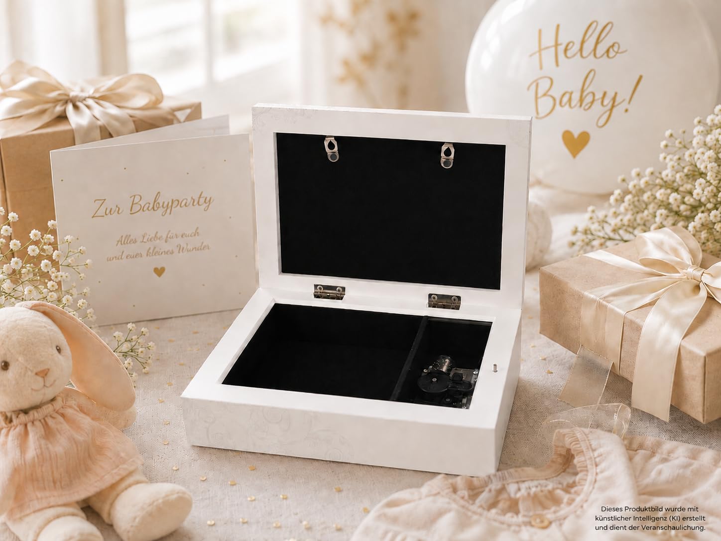 Scatola dei ricordi per bambini con carillon e scomparto per foto, personalizzabile, bianco caldo