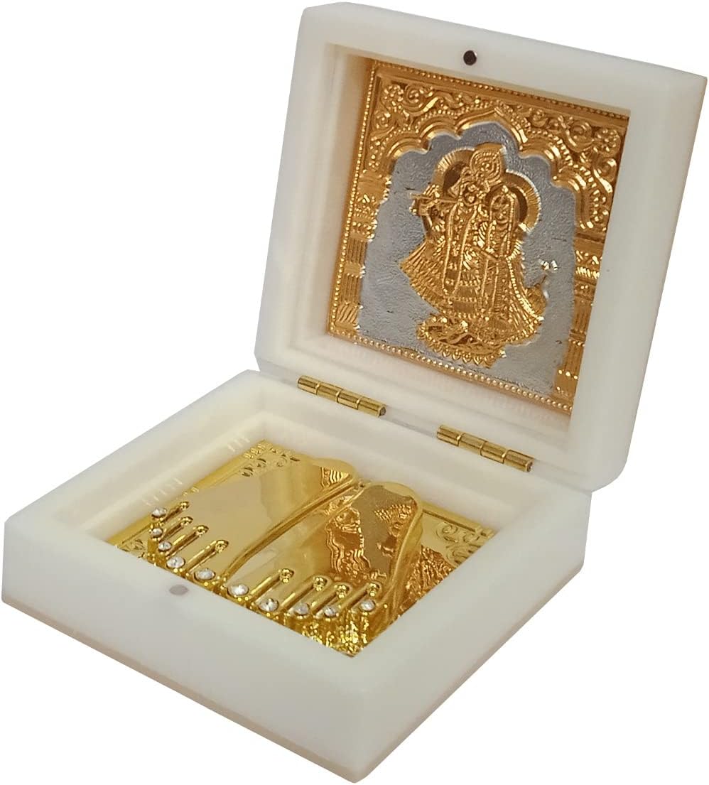 Purpledip Resin Puja Gift Box: Radha Krishna With Golden Feet Paduka For Travel Or Gifting (12394D)