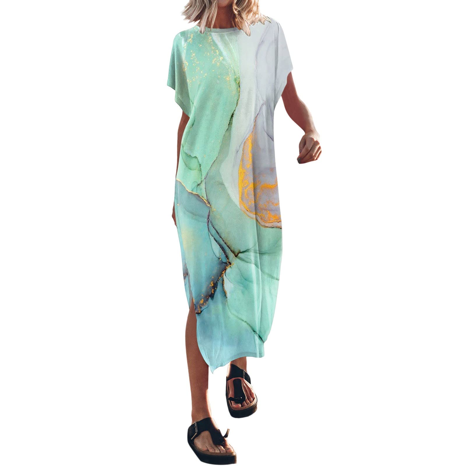 Womens Causal Maxi Round Neck Short Sleeve Loose Long Split Hem Print Dress Summer Holiday Party Beach Sun Dress