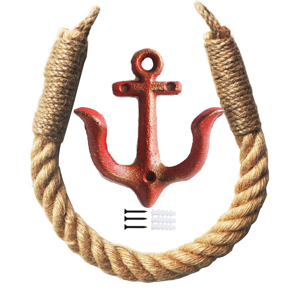 Nautical Rope Toilet Paper Holder Antique Bathroom Towel Holder Tie-back Curtain Rack Wall Mounted Metal Anchor Hook Design for Beach Themed Bathroom Decor - Image 4