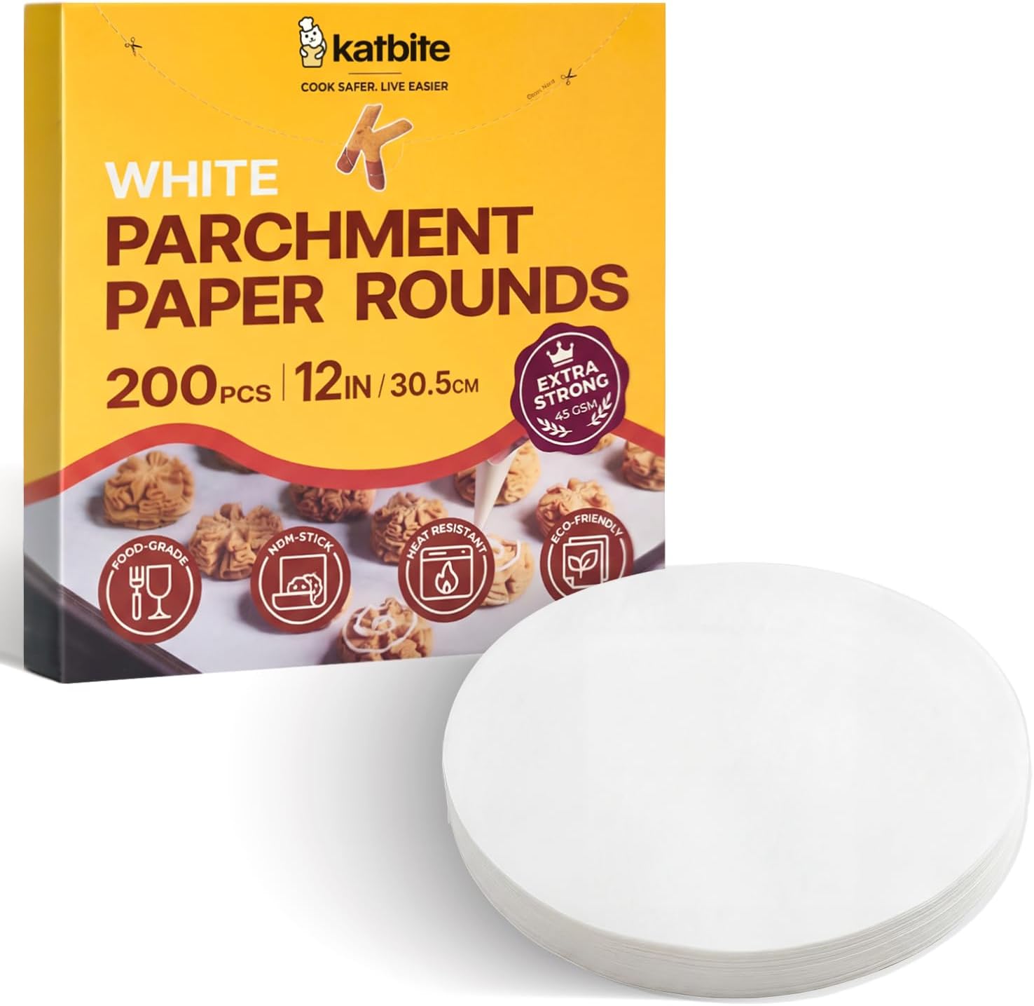 Katbite Parchment Paper Rounds, Non-Stick Heavy Duty, White, 12 Inch 200Pcs