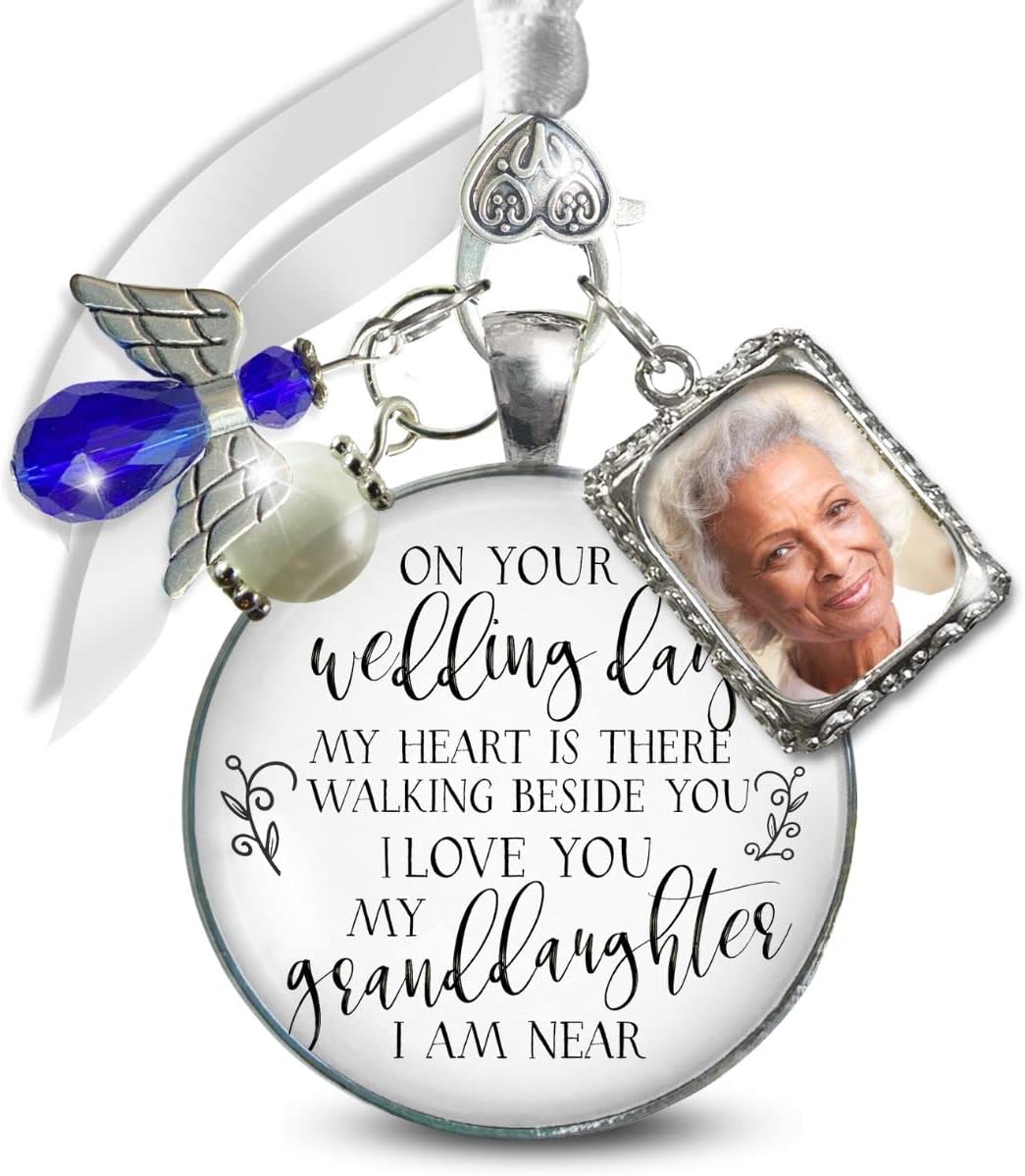 Bouquet Photo Charm Wedding Memory Something Blue Angel - I Know You'd Be Here If Heaven Honor Love One, Silver Finish Handmade Bridal Jewelry White Glass Pendant 2 Frames Gift Message & Box for Bride