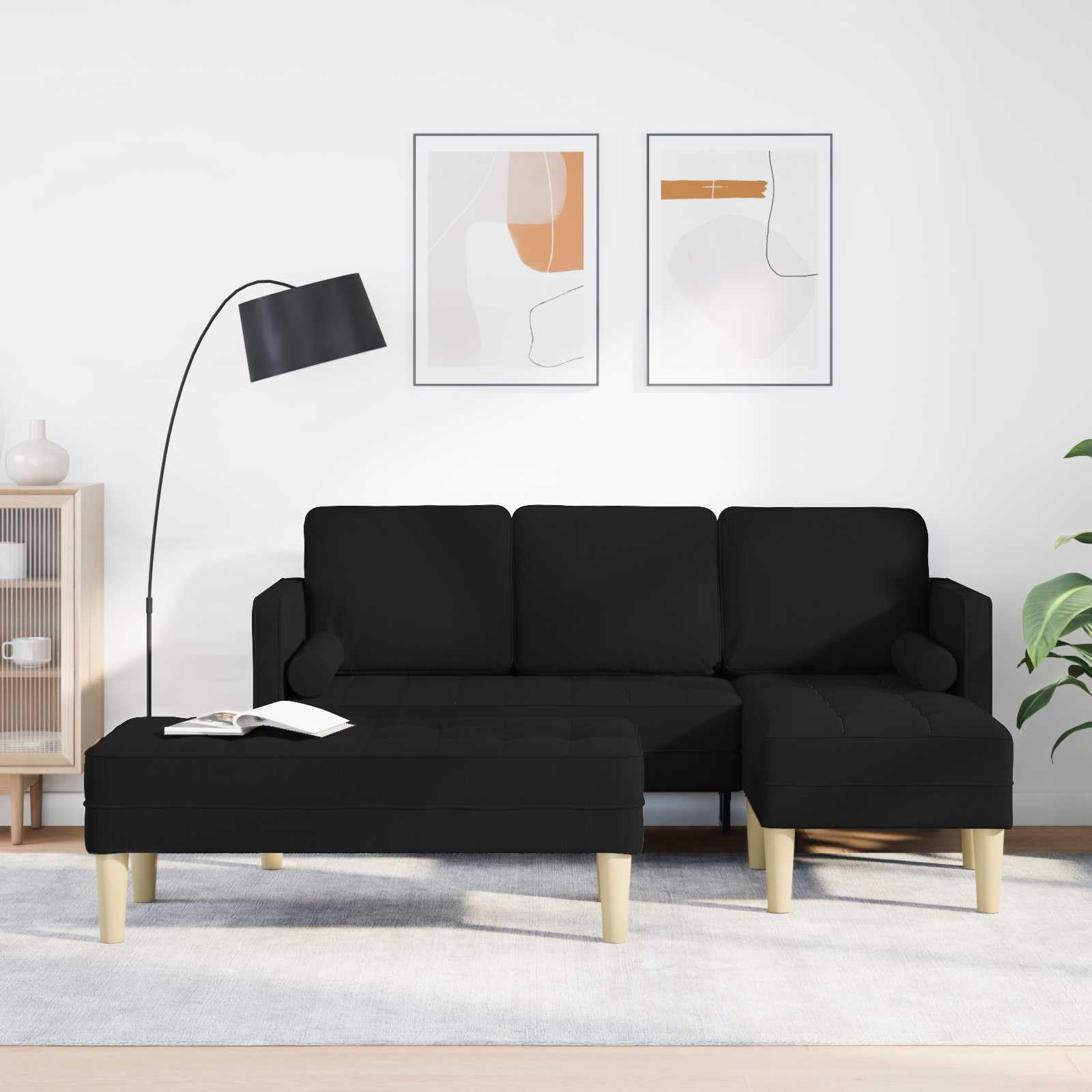 Divano angolare con cuscino, in poliestere nero, struttura in legno, modulare a 5 posti, per soggiorno, divano letto relax