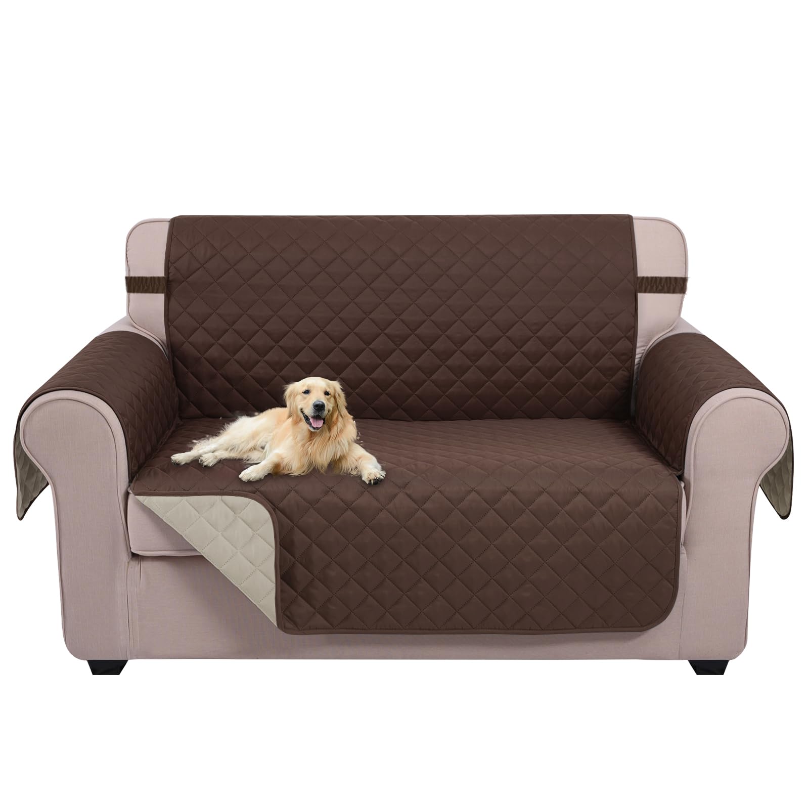 U-NICE HOME Loveseat Sofa Cover Reversible Couch Cover for Dogs with Elastic Straps Water Resistant Furniture Protector for Pets Couch Cover for 2 Cushion Couch (Loveseat, Coffee/Beige)