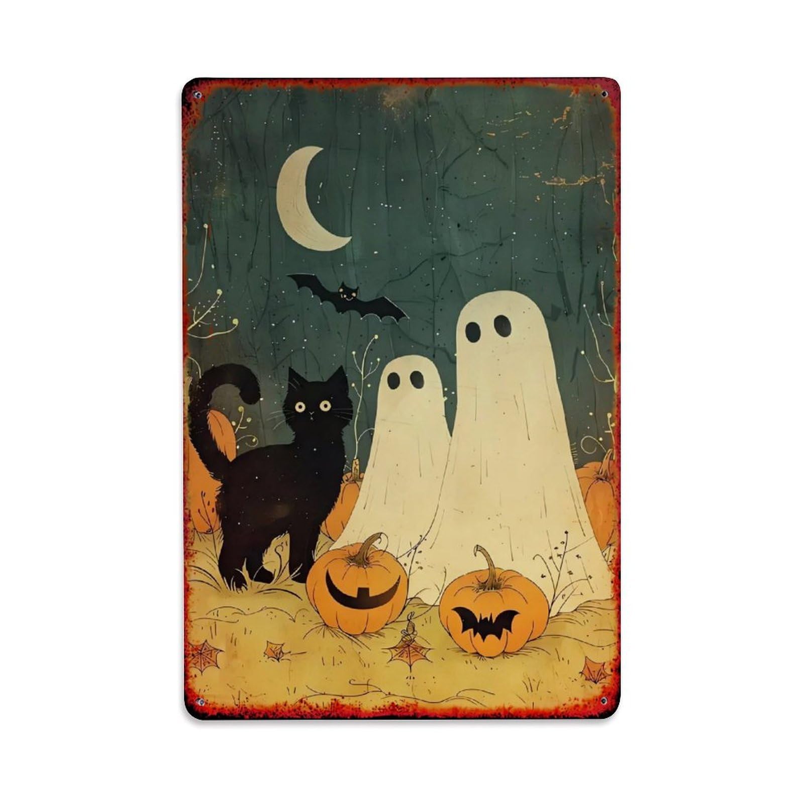 Halloween Ghosts Cat Pumpkins Moon Retro Metal Tin Sign, Vintage Decor Art Poster for Bar, Home, Man Cave, Kitchen, Laundry Room Gift 8x12Inch