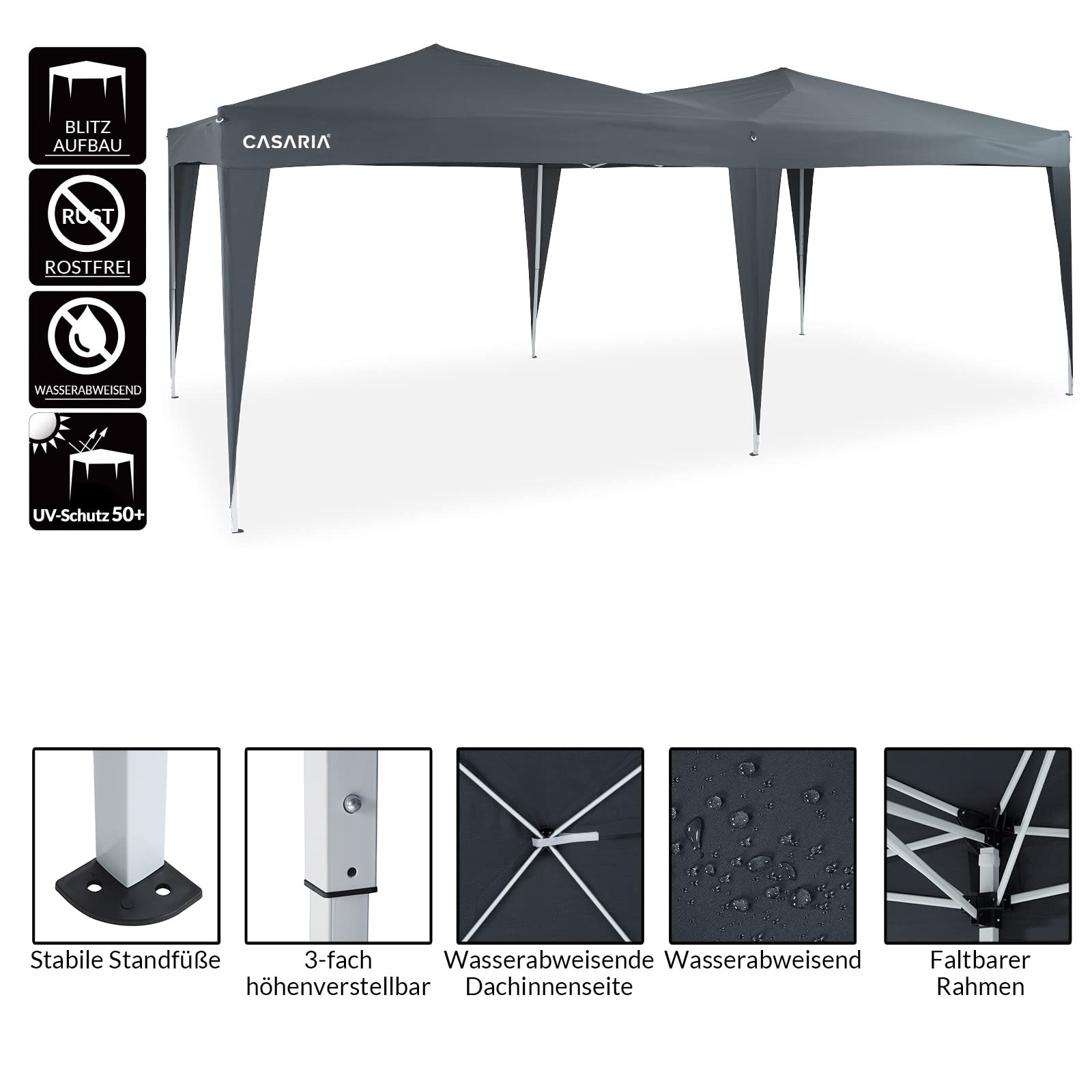 CASARIA Pavillon Capri 3x6m Pop-up Anthrazit | mit Tasche, Winterfest, UV-Schutz 50, Faltbar, Stabil, Camping, Garten, Faltpavillon, Partyzelt, 120x20x19cm, 6 personen
