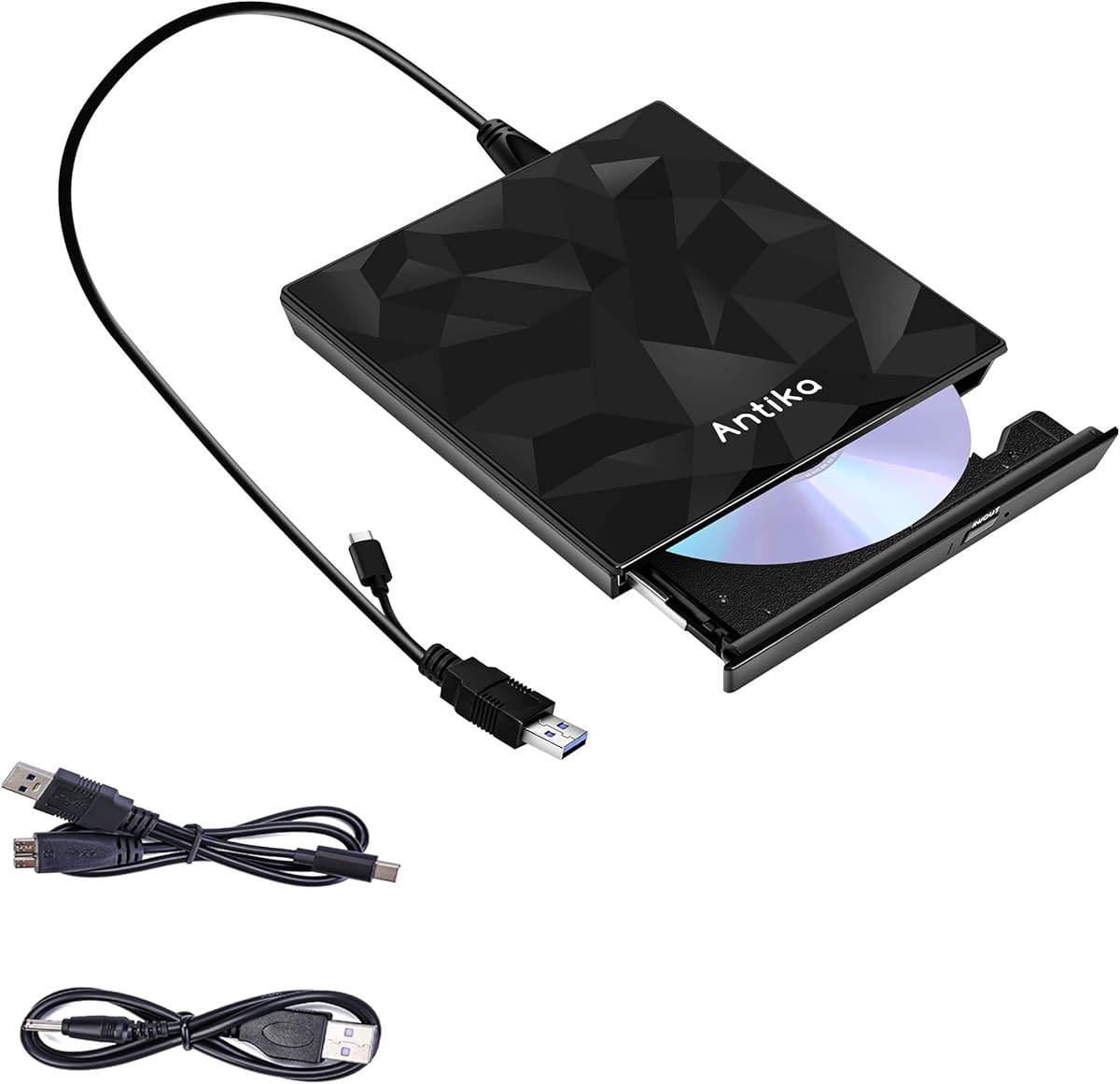 Antika External CD DVD Drive TypeC USB 3.0 Extended Cable Backup Power Line Portable DVD Player Burner Reader for Laptop Desktop PC Apple Mac Macbook Pro Windows 10/8/7/vista/xp Mac osx10.6 Above