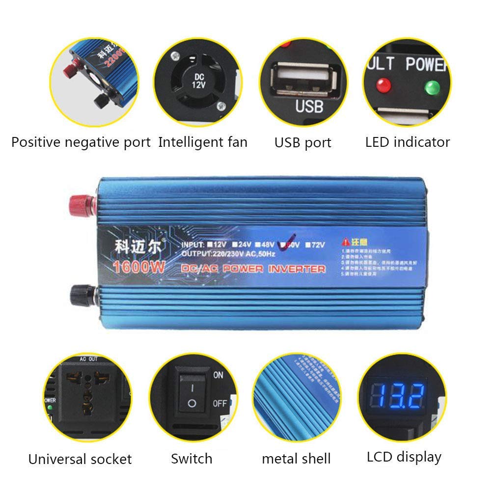 Convertisseur de Tension DC 12v / 24v / 36v / 48v / 60v / 72v vers AC 220v / 230v, onduleur à Onde sinusoïdale modifiée 1200w 1600w 2200w, convertisseur avec Connexion USB