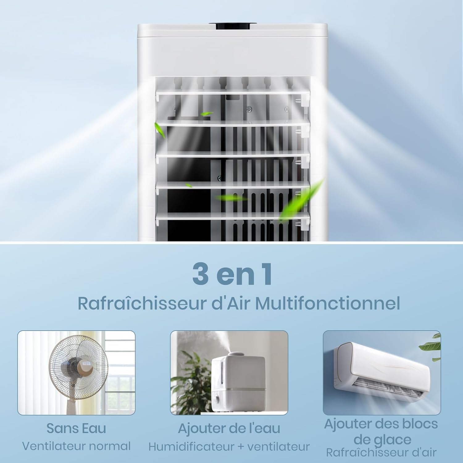 RELAX4LIFE Rafraîchisseur d'Air Silencieux Mobile | 3 en 1 Refroidisseur d'Air Humidificateur Ventilateur | 3 Vitesses 3 Modes | Réservoir 2,8L | 4 Blocs Réfrigérants | Oscillation | Faible Conso