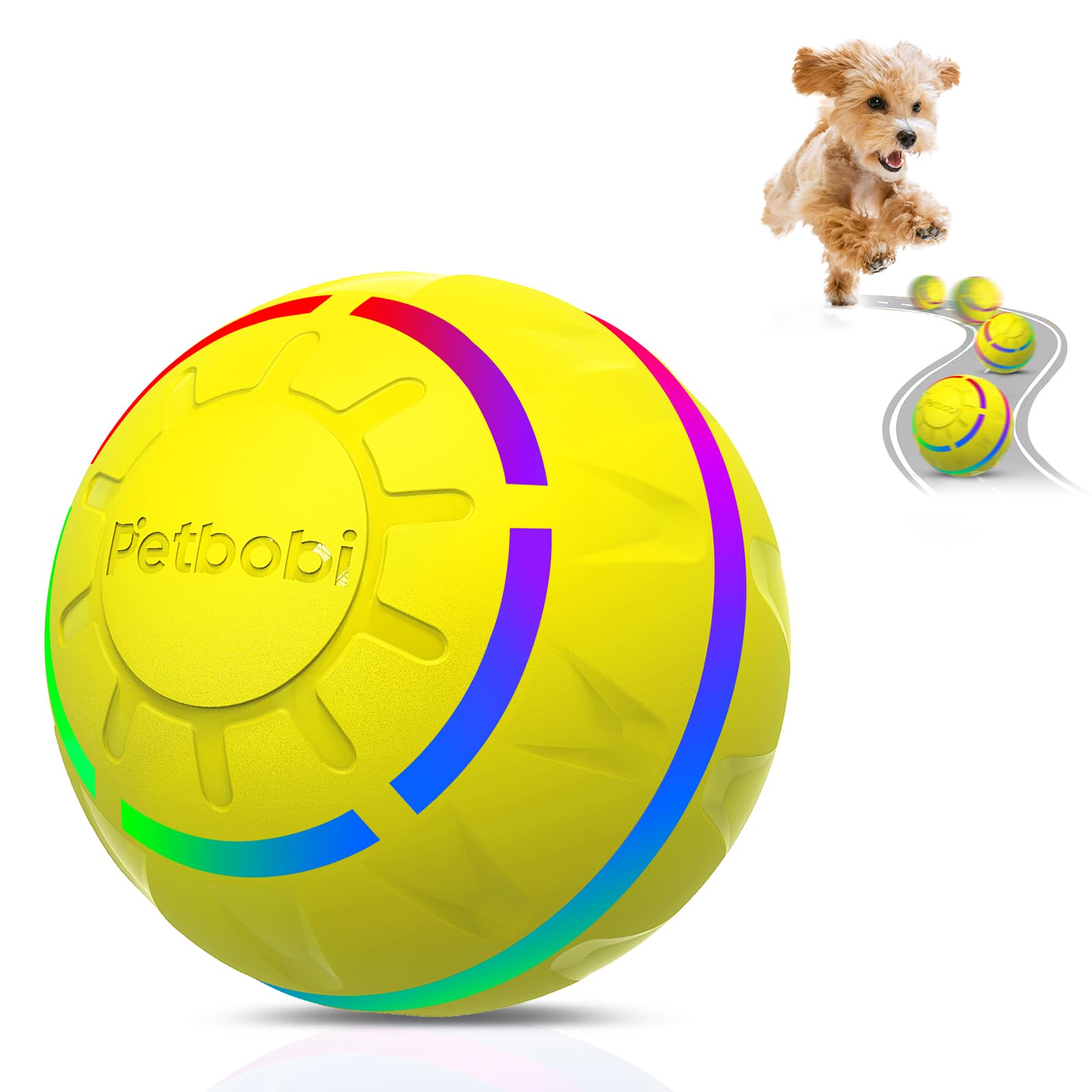 PetbobiActive Rolling Ball for Dogs - New Upgrade 2 Modes Interactive Dog Toys, USB Rechargeable Motion Activated Self Moving, Durable Pet Ball for Small Medium Large Breeds, LED Light, Yellow