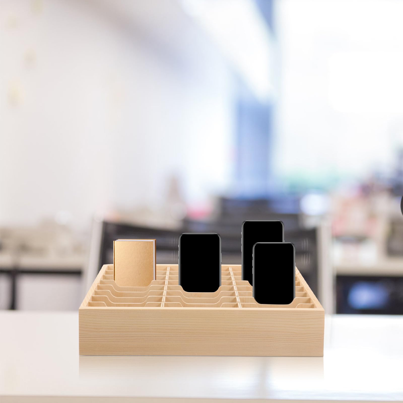Scatola Portaoggetti in Legno Naturale da Scrivania Scomparti Multipli, Supporto da Tavolo per Telefoni Cellulari e Organizer per Ufficio e Aula, Custodia Portacellulare Stabile