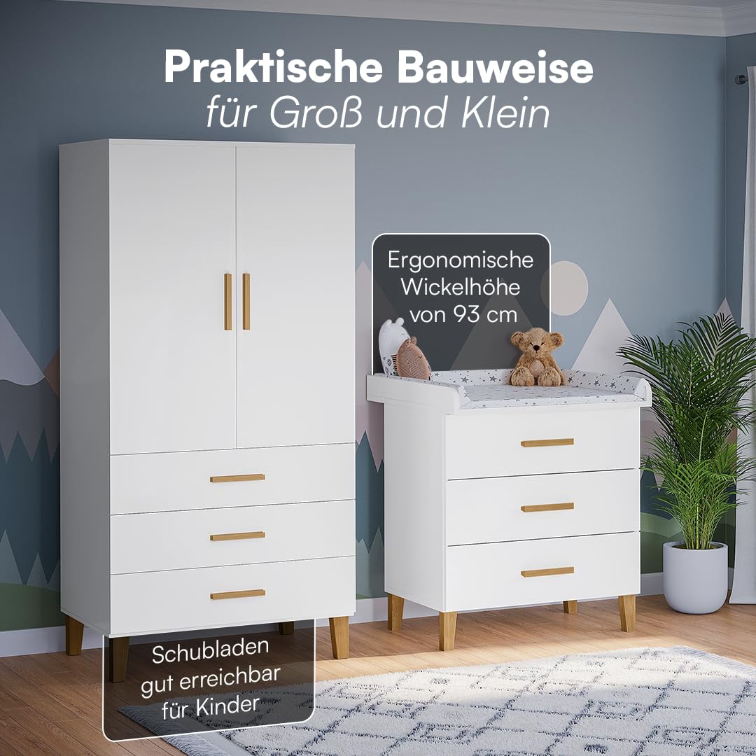 Bellabino Liri Kinderzimmer Set – 2-teiliges Babyzimmer Set mit Kinderkleiderschrank & Wickelkommode in Weiß/Natur – Wickeltisch mit abnehmbaren Wickelaufsatz & Kleiderschrank für Kinderzimmer