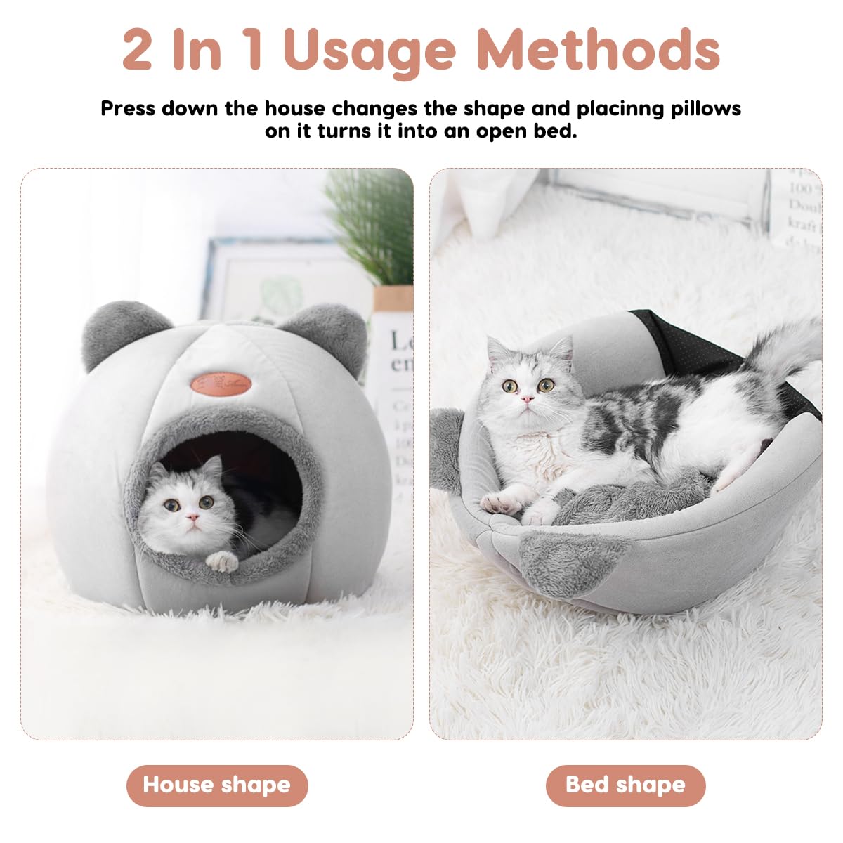 Cat Beds for Indoor Cats, Cozy Cat Tent House Igloo with Ears, Soft Fluffy Kitten Cave with Removable Cushion, Foldable Warm Pet Bed for Small Cats & Puppies - Image 4