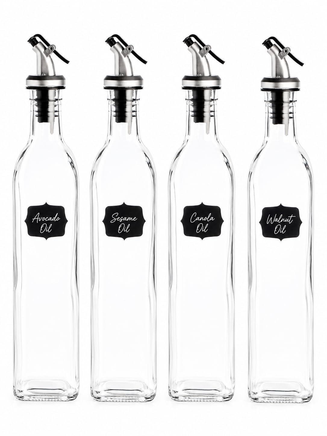 Magna Retail Clear 500Ml Glass Bottles, Oil Dispenser Bottle, Set Of 4, Vinegar Pourers