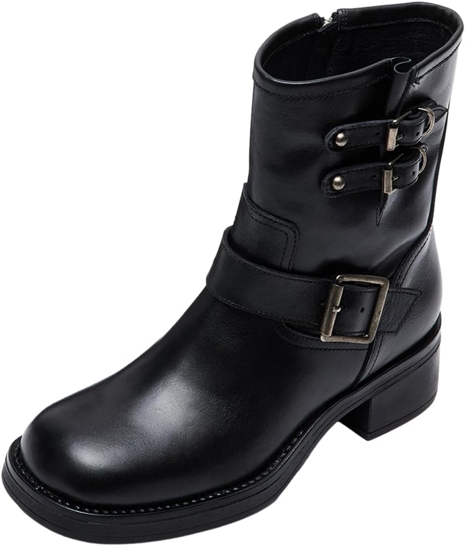 FOWT Women Platform Round Toe Ankle Boots Block Chunky Low Heel Booties Buckle Strap Side Zipper Outfit Shoes Size 4-16 US